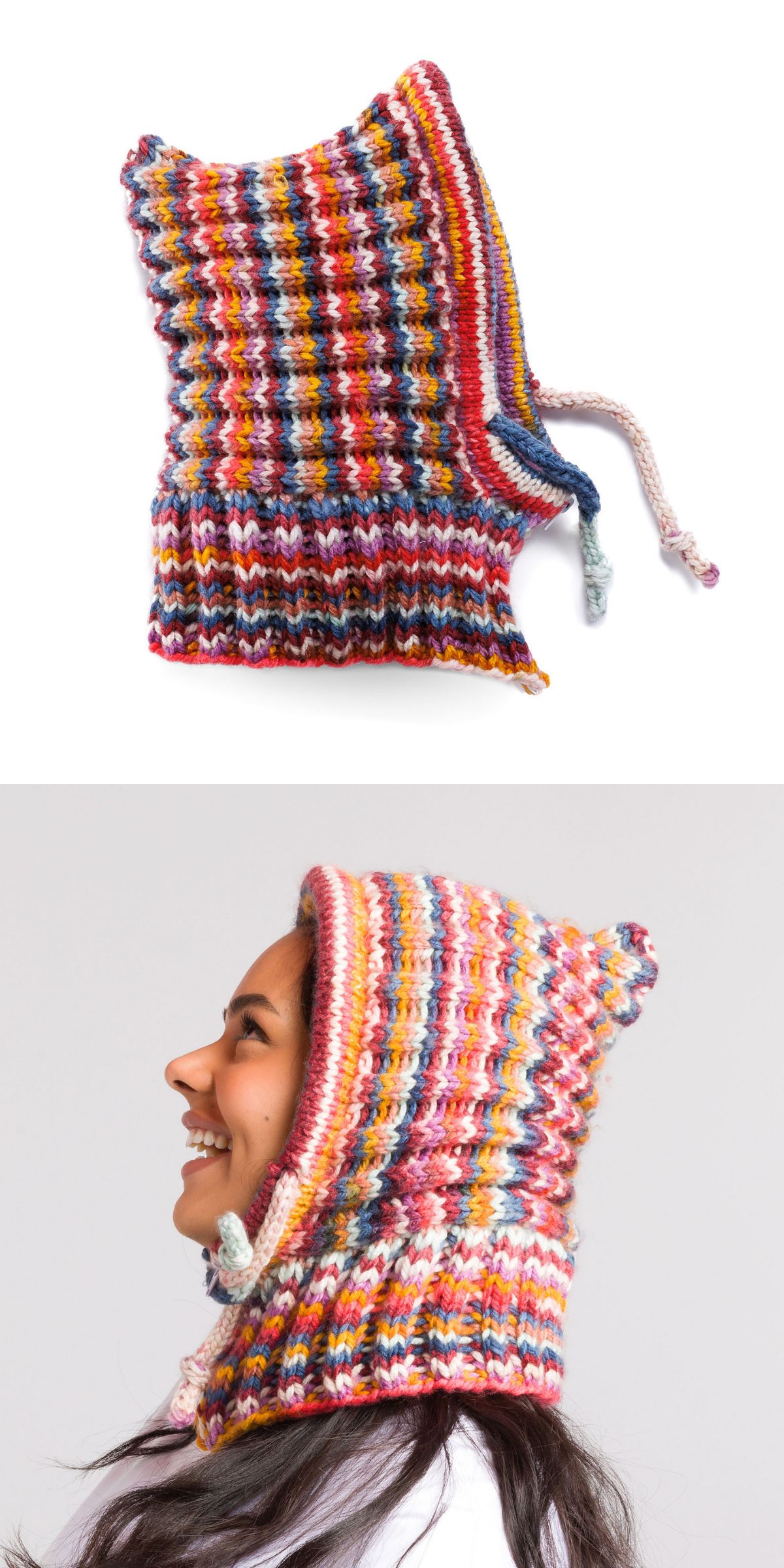 A colorful, ribbed knitted hood balaclava with two drawstring ties is shown alone and worn by a person, covering the head and neck.