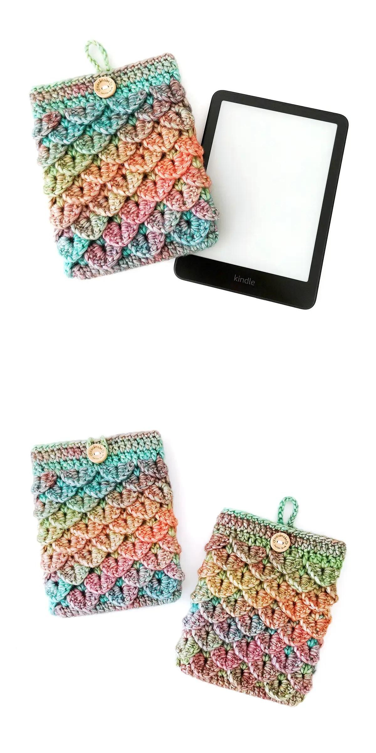 A crocheted, multicolored Kindle sleeve with a button closure — perfect as a crochet cover — shown with and without a Kindle e-reader inside, displayed on a white background.