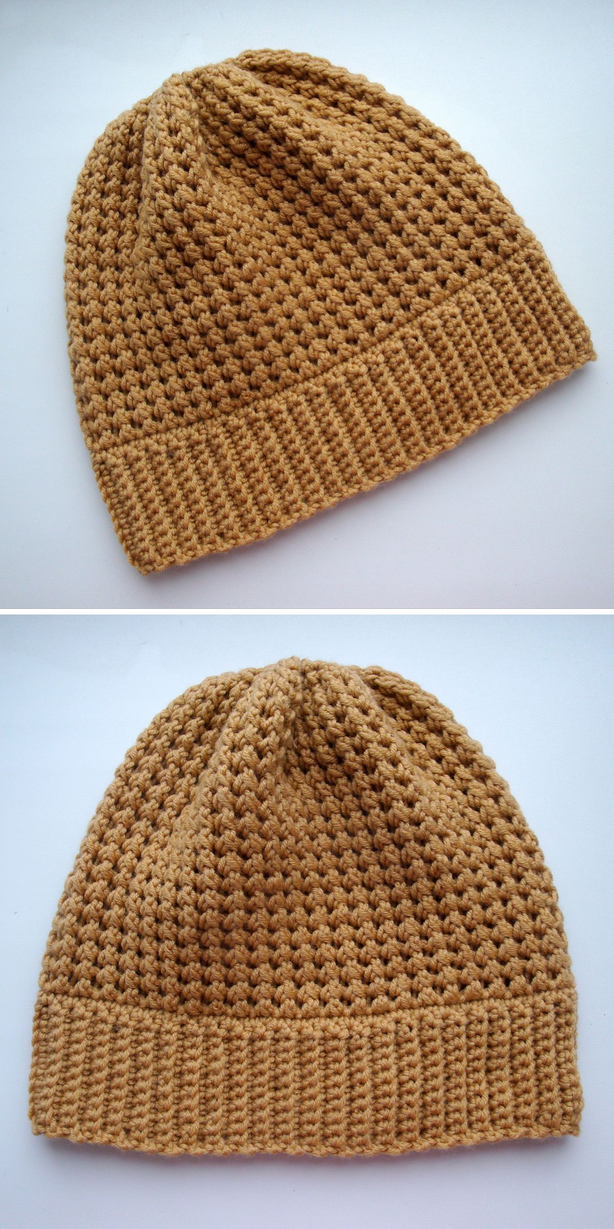 Two images show a tan, crochet beanie hat on a white background, featuring a textured pattern and a ribbed brim — an ideal crochet hat for men looking for both warmth and style.