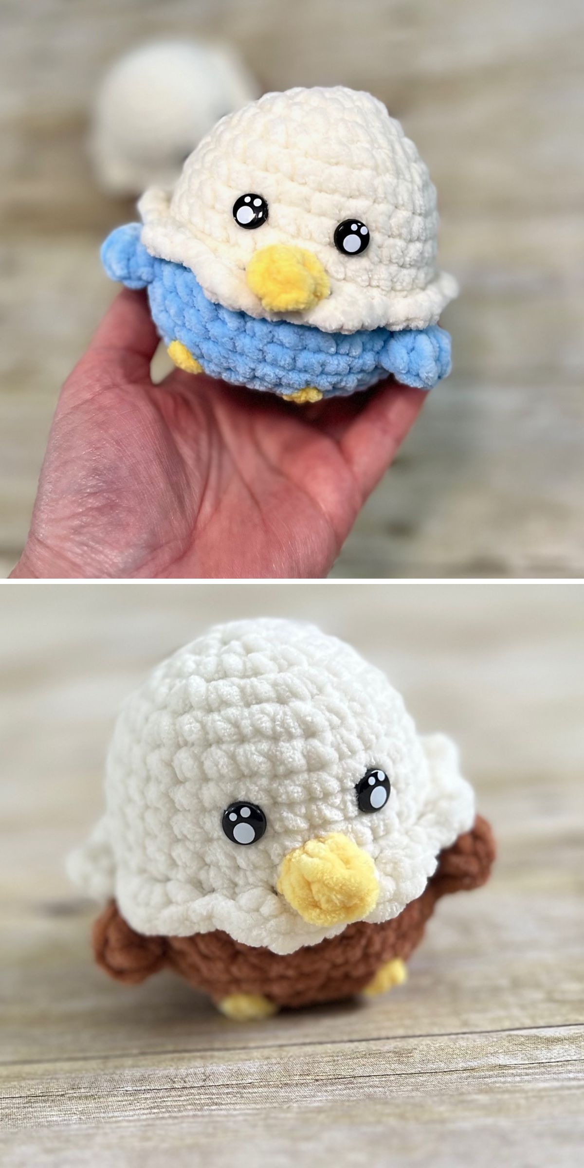 Two photos show a crochet bird plush bald eagle with large eyes—one with a blue body held in a hand, and one with a brown body resting on a surface.