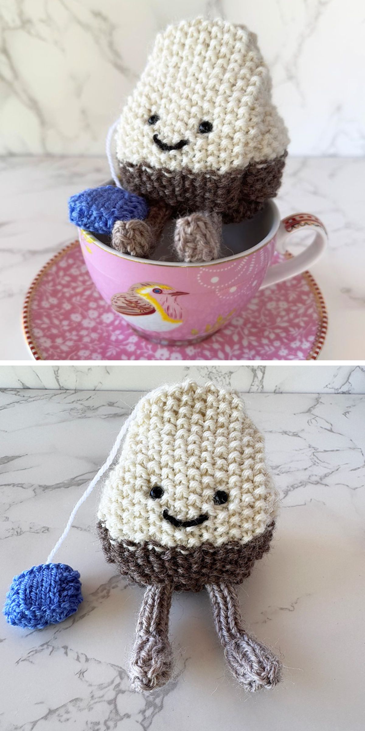 Two photos feature a knit toy shaped like a teabag with a smiling face, sitting in and beside a pink teacup adorned with a swan illustration, all arranged on a marble surface.
