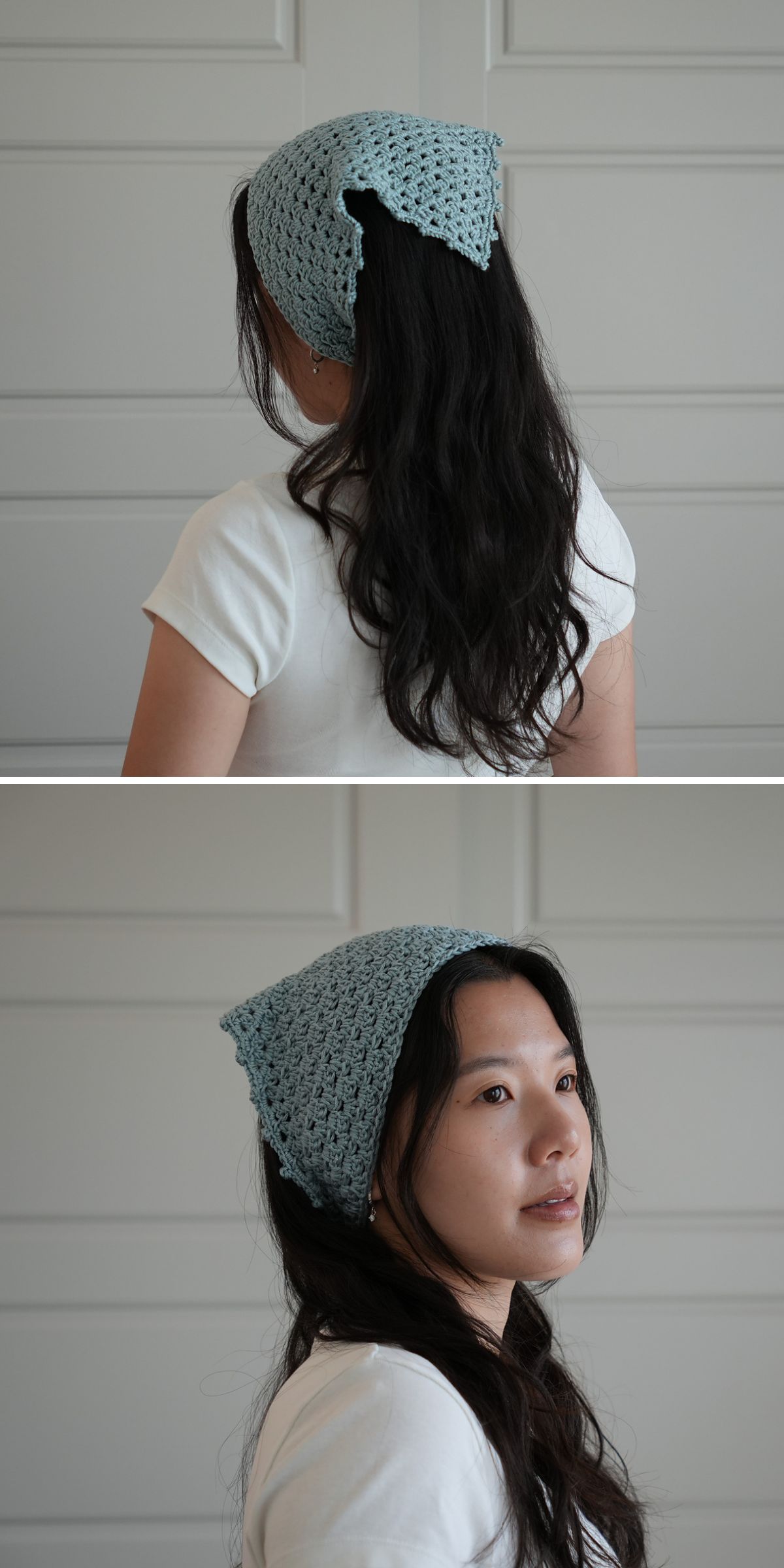 A woman with long dark hair wears a light blue crochet bandana, shown from the back and side against a plain white background.