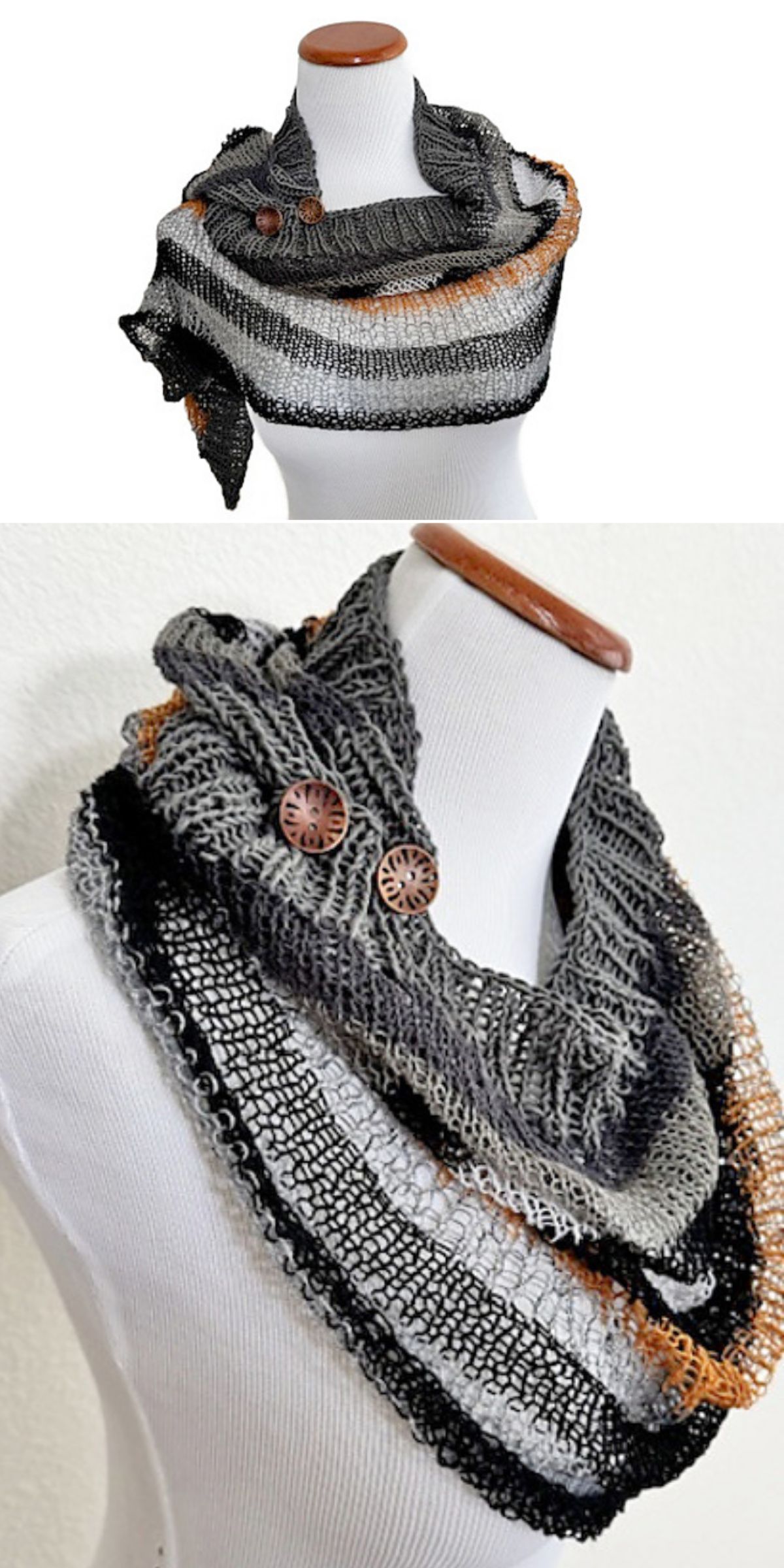 A knit shawl-style scarf in shades of gray, black, white, and brown with two decorative buttons, displayed on a white mannequin bust.