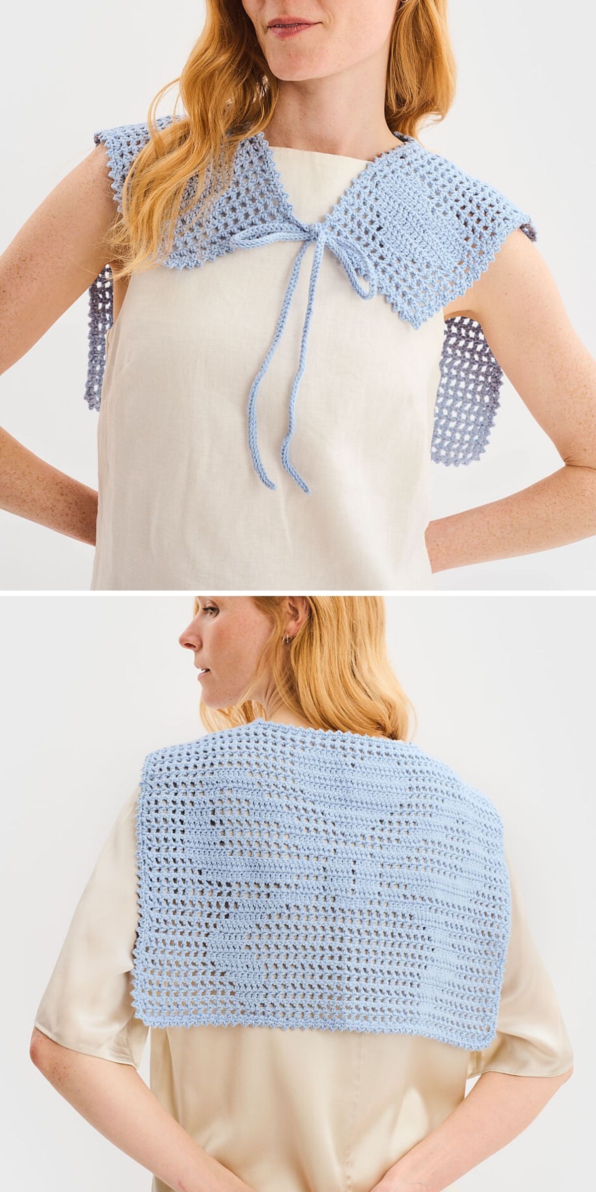 Woman wearing a light blue crochet shoulder capelet with a tie at the front, styled over a cream blouse. The capelet features a delicate crochet collar detail. Front and back views are shown.