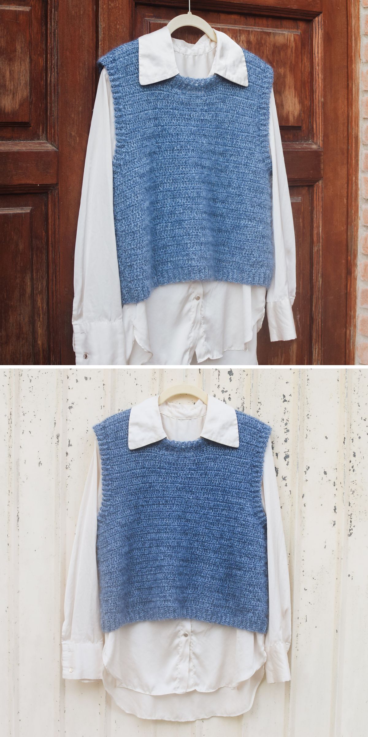 A blue crochet vest layered over a white collared shirt, both hanging on a hanger; shown against two different wooden backgrounds.