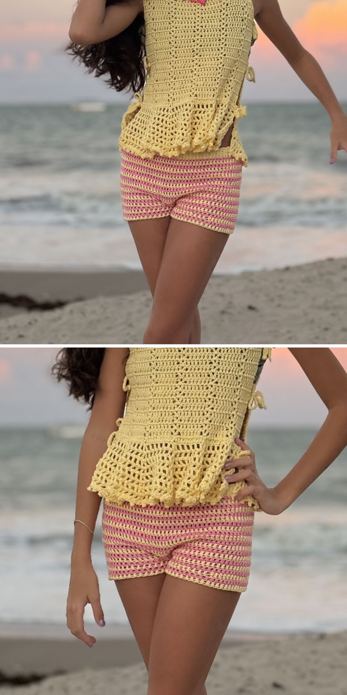 A person wearing a yellow crochet top and stylish crochet shorts stands on a sandy beach with the ocean in the background.