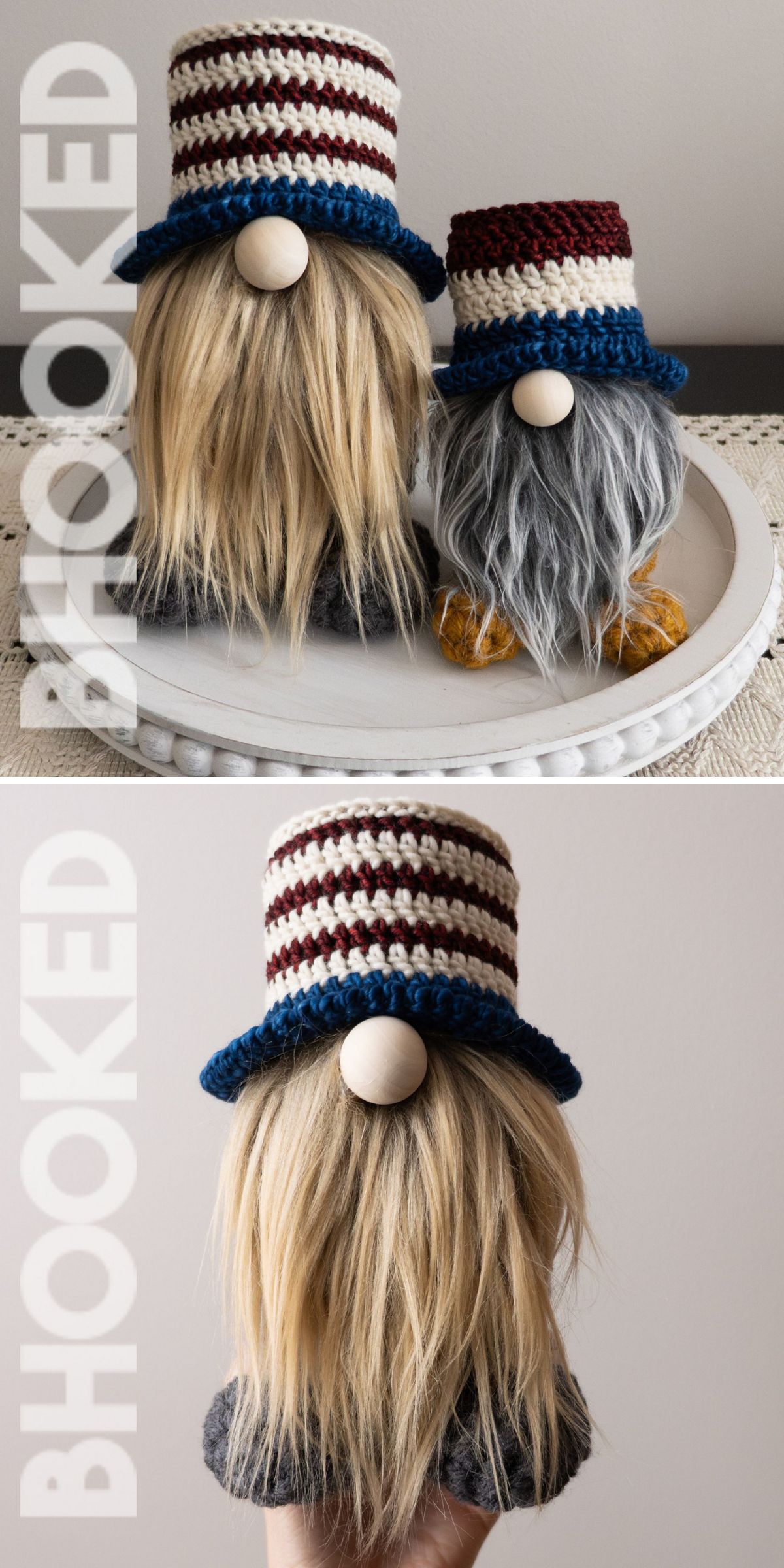 Two handmade gnome figures with long beards and red, white, and blue striped hats are displayed on a white tray and held in a hand—perfect for showcasing your Patriotic Crochet Ideas.