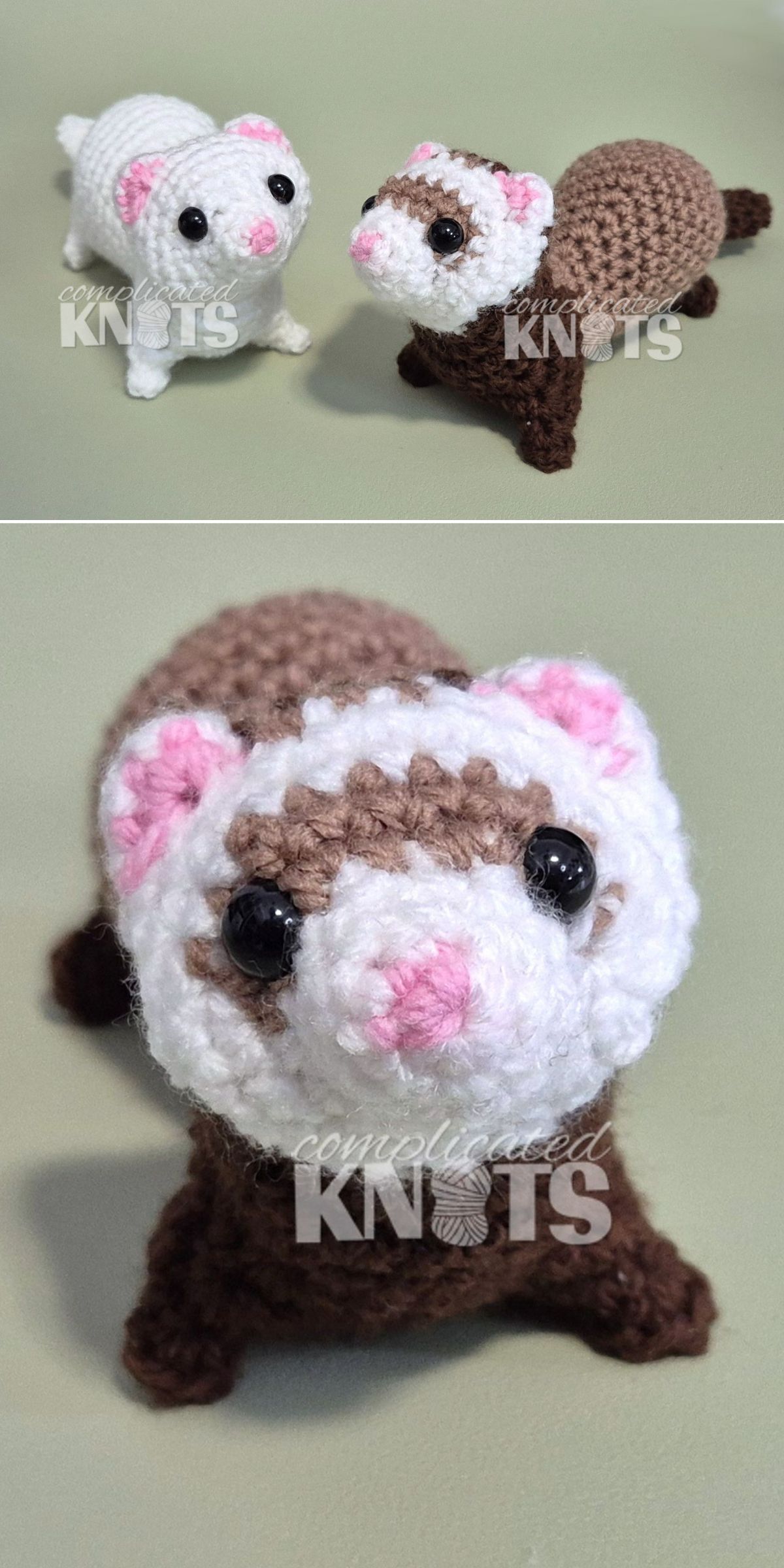Two crocheted ferret plushies, one white and one brown, are displayed on a flat surface. This charming crochet animal pair features detailed stitching and adorable black button eyes in a close-up view.