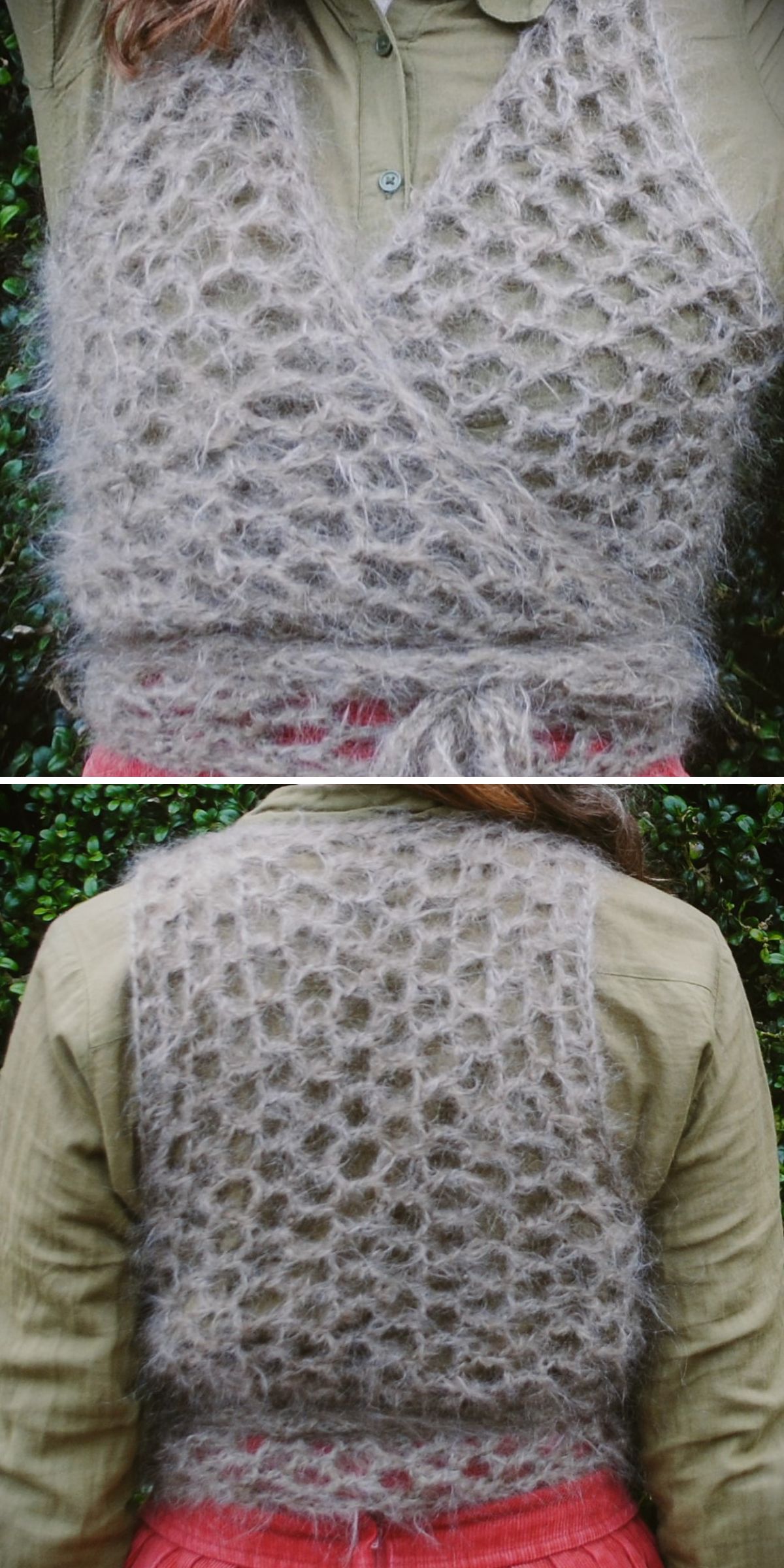 A person wearing a fuzzy, gray, open-weave crochet vest over a green shirt and red pants, shown from the front and back.