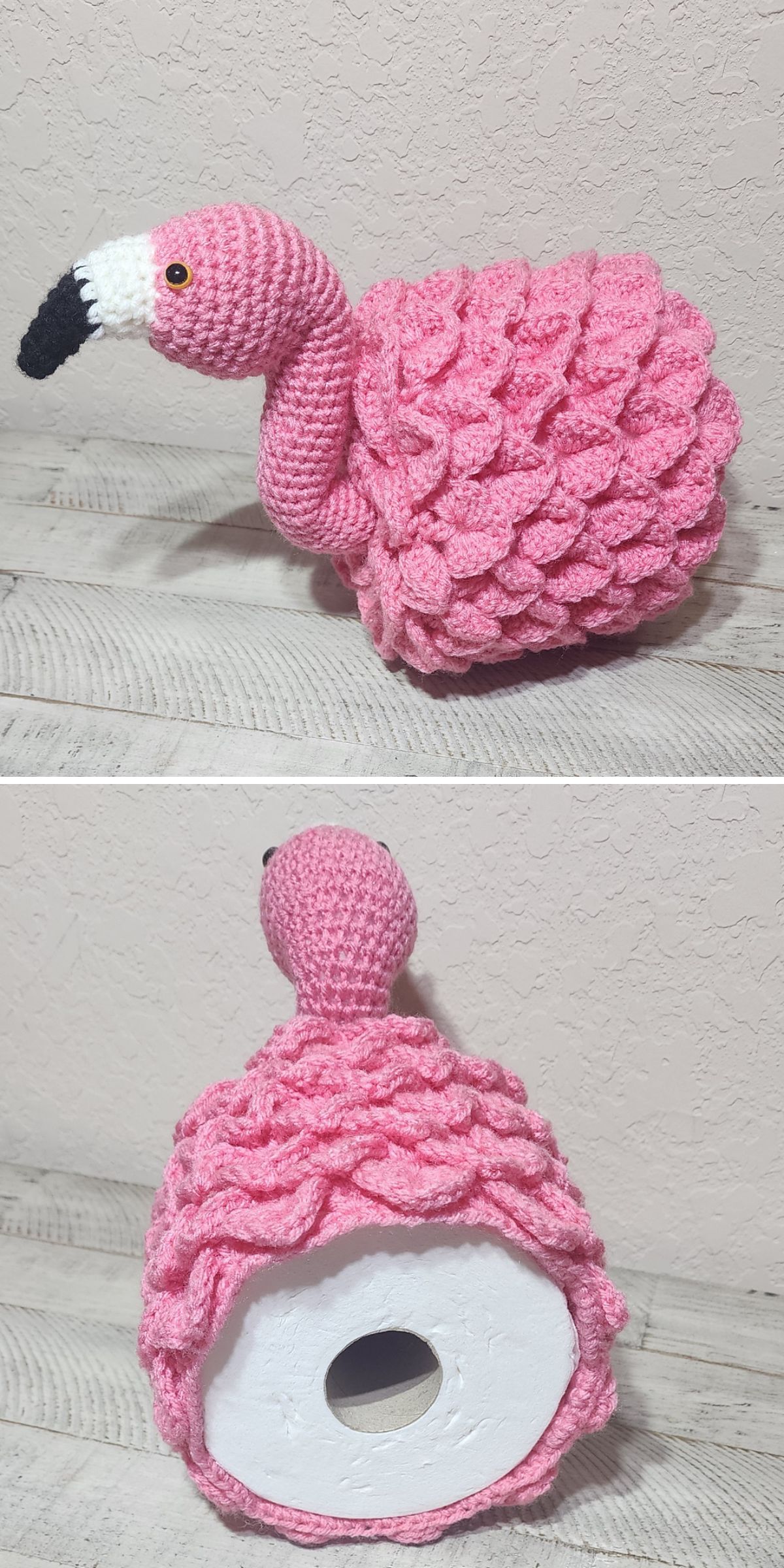 Crocheted pink flamingo with scale-textured body, black beak, and a hole at the bottom, designed as a decorative toilet paper cover inspired by fun crochet cozy patterns.