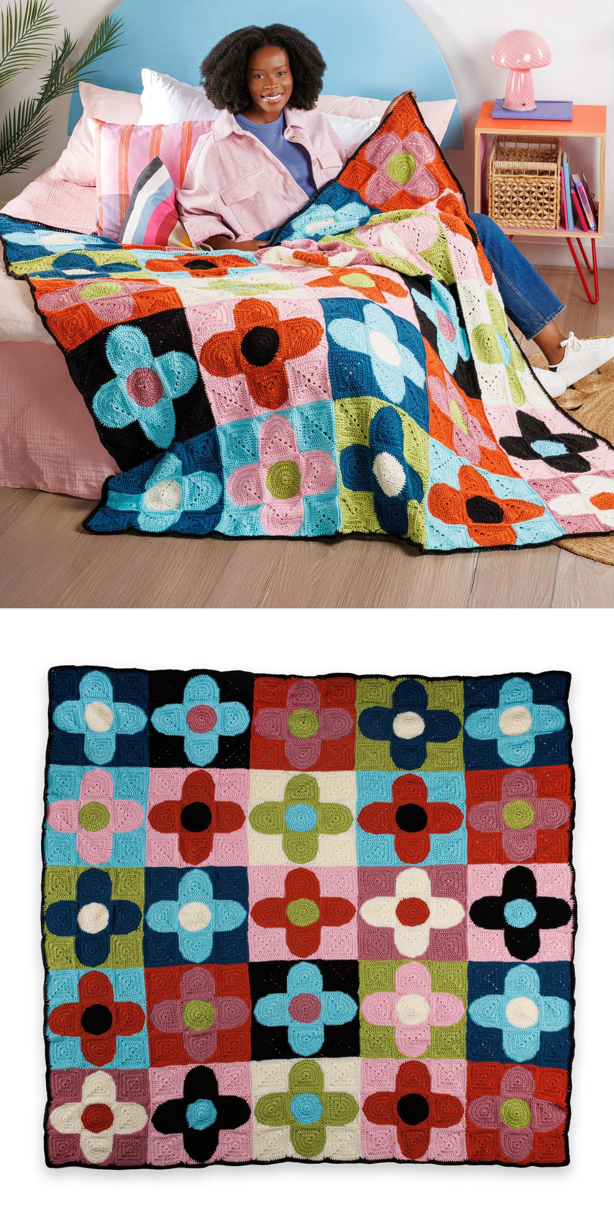 A person sits on a bed holding a vibrant crochet flower blanket with a geometric pattern; the crochet flower blanket is also shown laid flat.