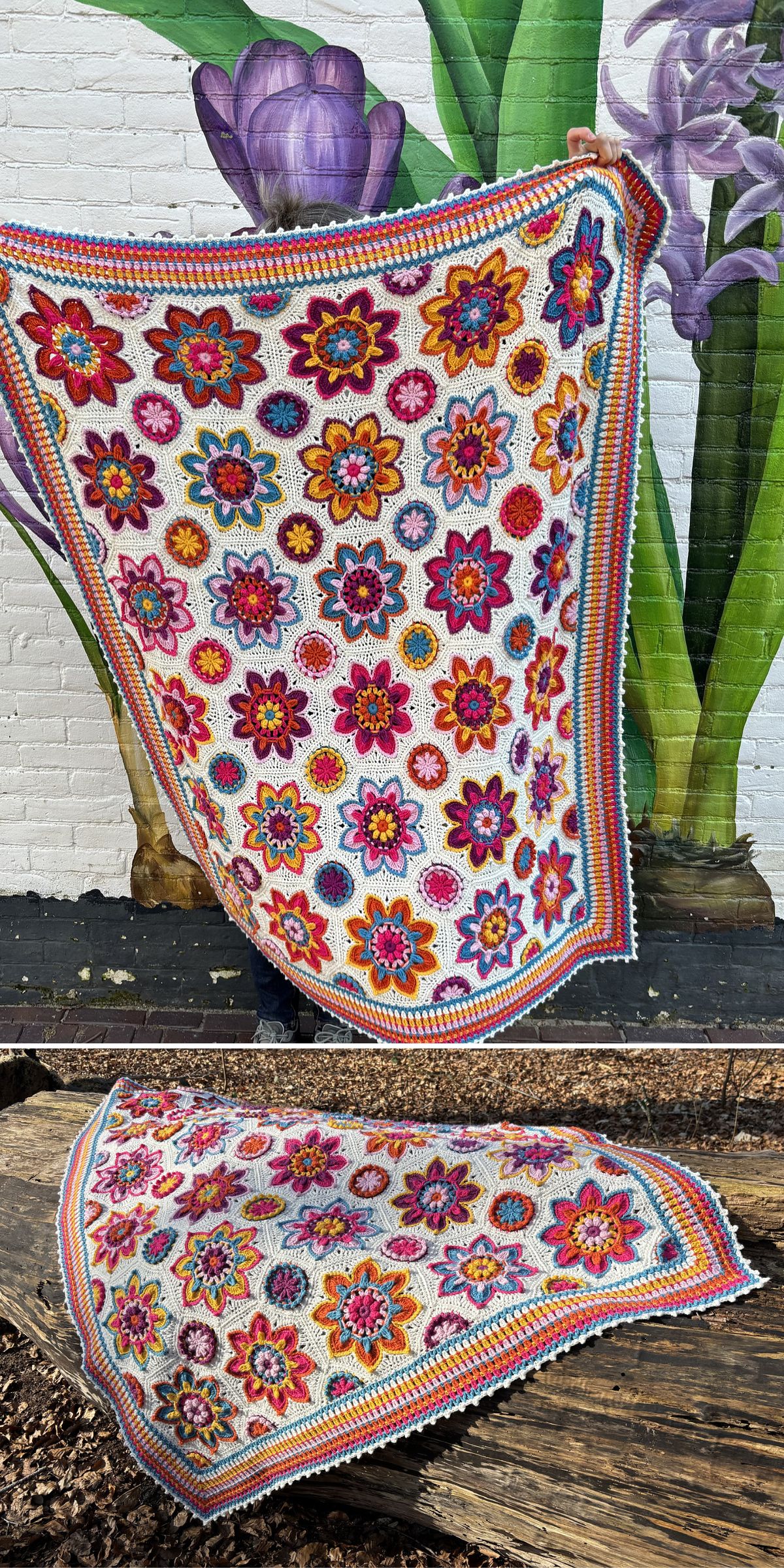 A vibrant crochet flower blanket with floral motifs is held up against a mural of large painted blooms; the lower image displays the blanket laid flat on wooden planks.