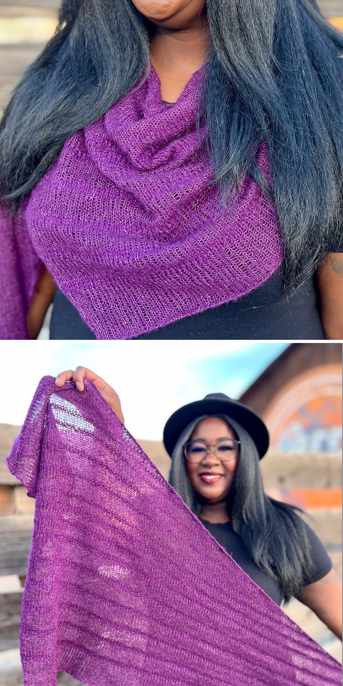 A woman wearing a black top and a purple knit shawl, holding the knit shawl out to display its texture and size.