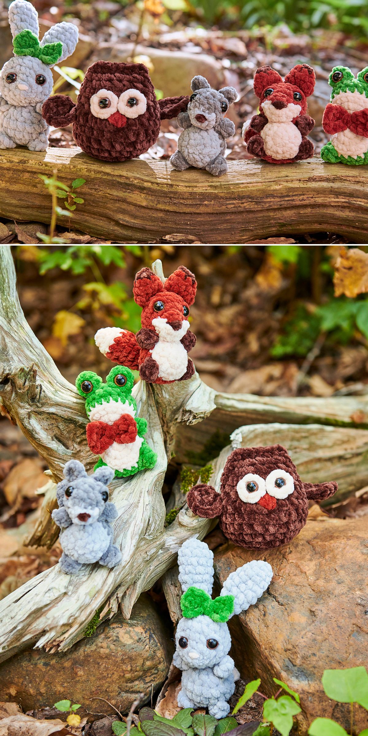Plush crochet animal figures, including an owl, fox, frog, bear, and rabbit, are displayed on rocks and driftwood outdoors among leaves.