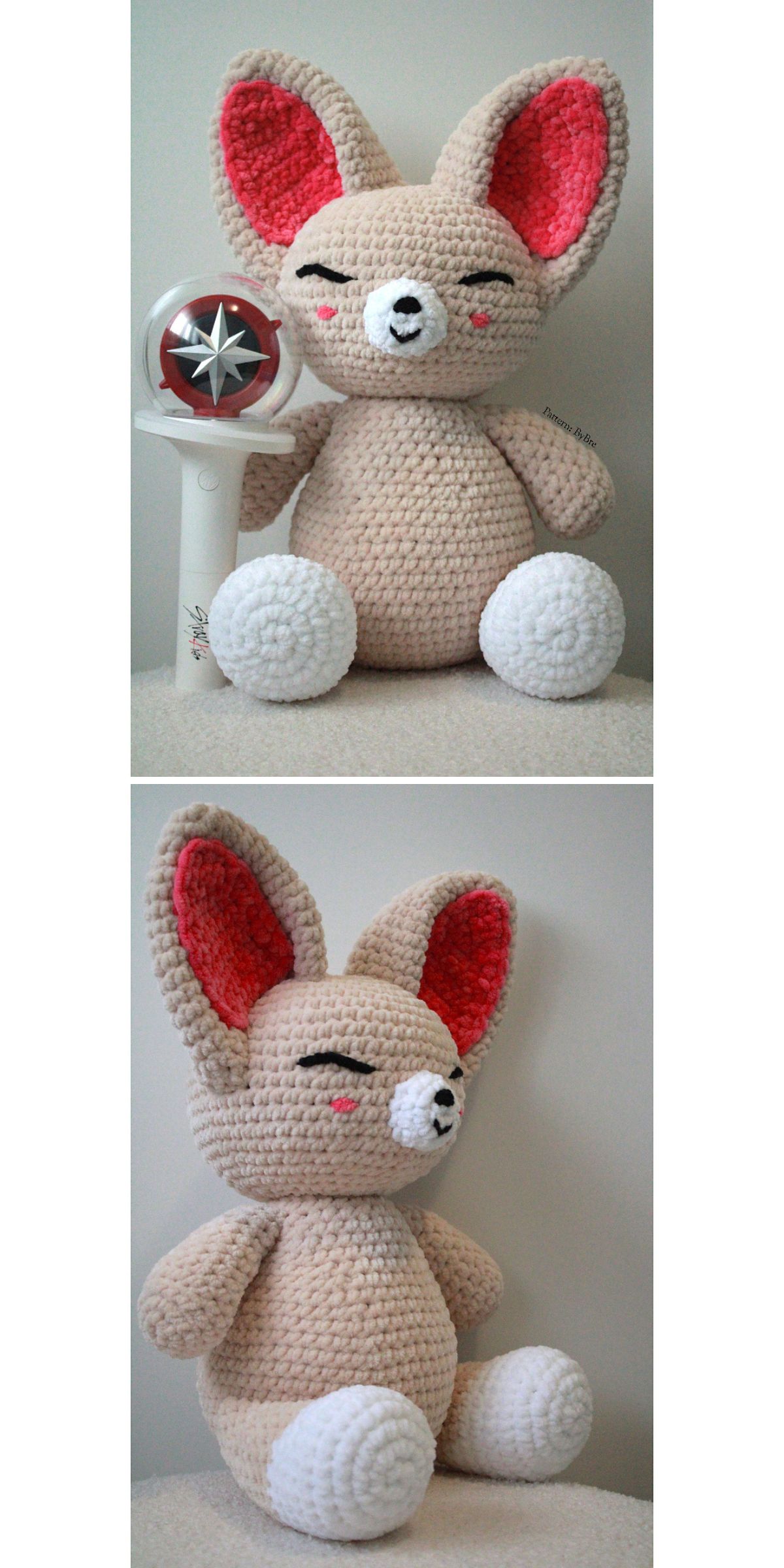 Two images show a crochet fox plush toy with pink inner ears and white feet, sitting upright next to a small round object with a clear top and red inside.