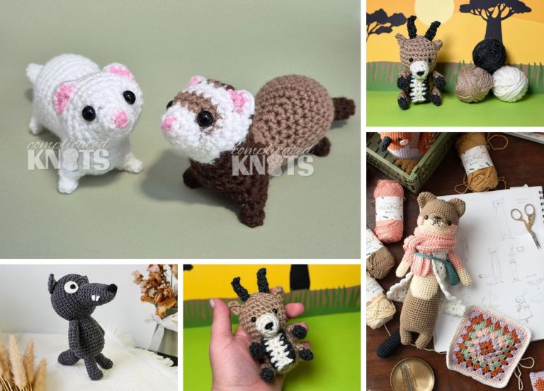 A collage of crochet animal toys, including a white cat, brown and white ferret, gray wolf, gazelle, and brown otter, displayed with yarn, tools, and a drawing on a table.