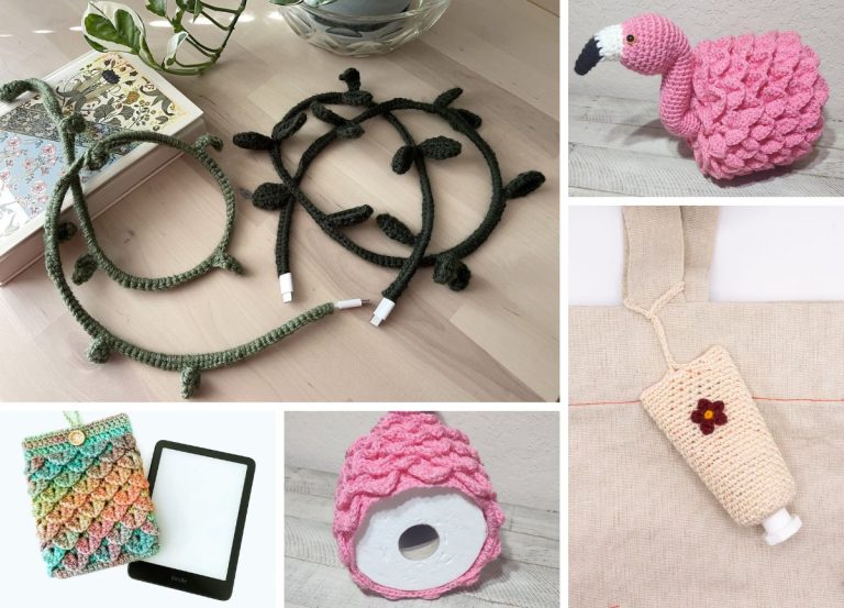 A collage of crocheted items including headbands, a flamingo, a multicolored pouch, crochet covers like a pink toilet paper cozy, and a beige holder with a flower and tube — perfect inspiration for free crochet cozy patterns.