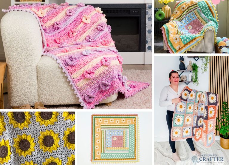 A collage of handmade crochet blankets featuring colorful patterns — crochet flower blanket patterns, geometric designs, and classic granny squares — all displayed on furniture or held by a person. Perfect inspiration for those seeking free crochet flower blanket patterns.