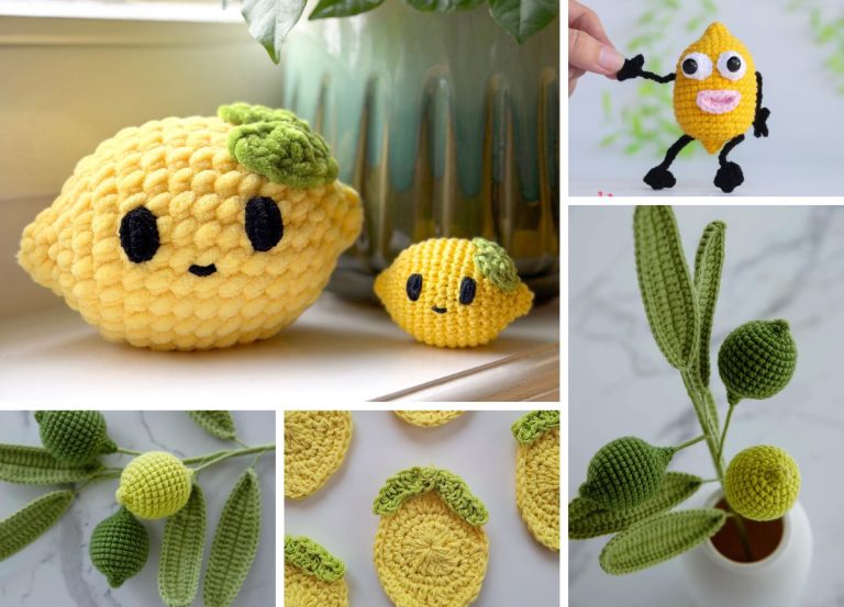 A collage of five photos featuring crochet lemon creations, including plush lemons, a lemon character with arms and legs, lemon coasters, and a crocheted lemon plant.