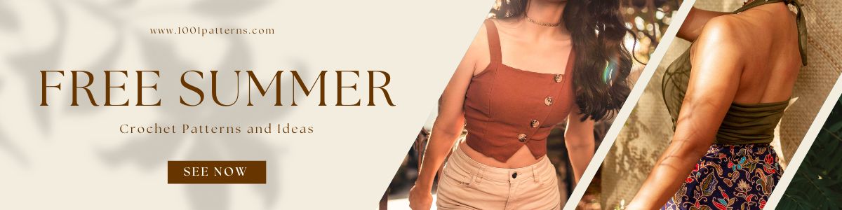 banner with a title "free summer crochet patterns and ideas" and button "see now", and two photos with women in summer outfits