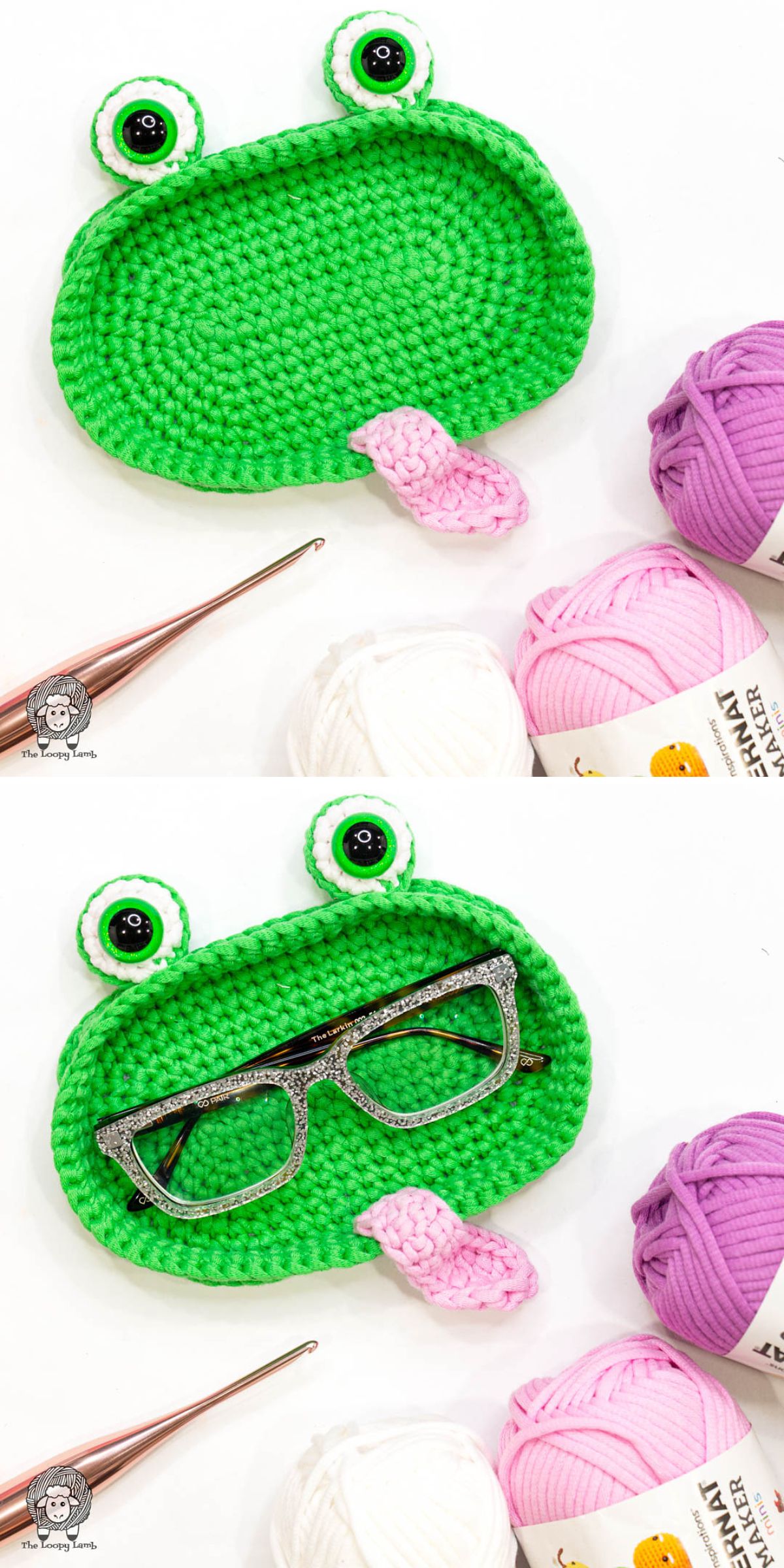 Two images show a green crocheted frog tray with a pink tongue, surrounded by yarn and a crochet hook. In the second image, the crochet cozy tray holds a pair of glasses.