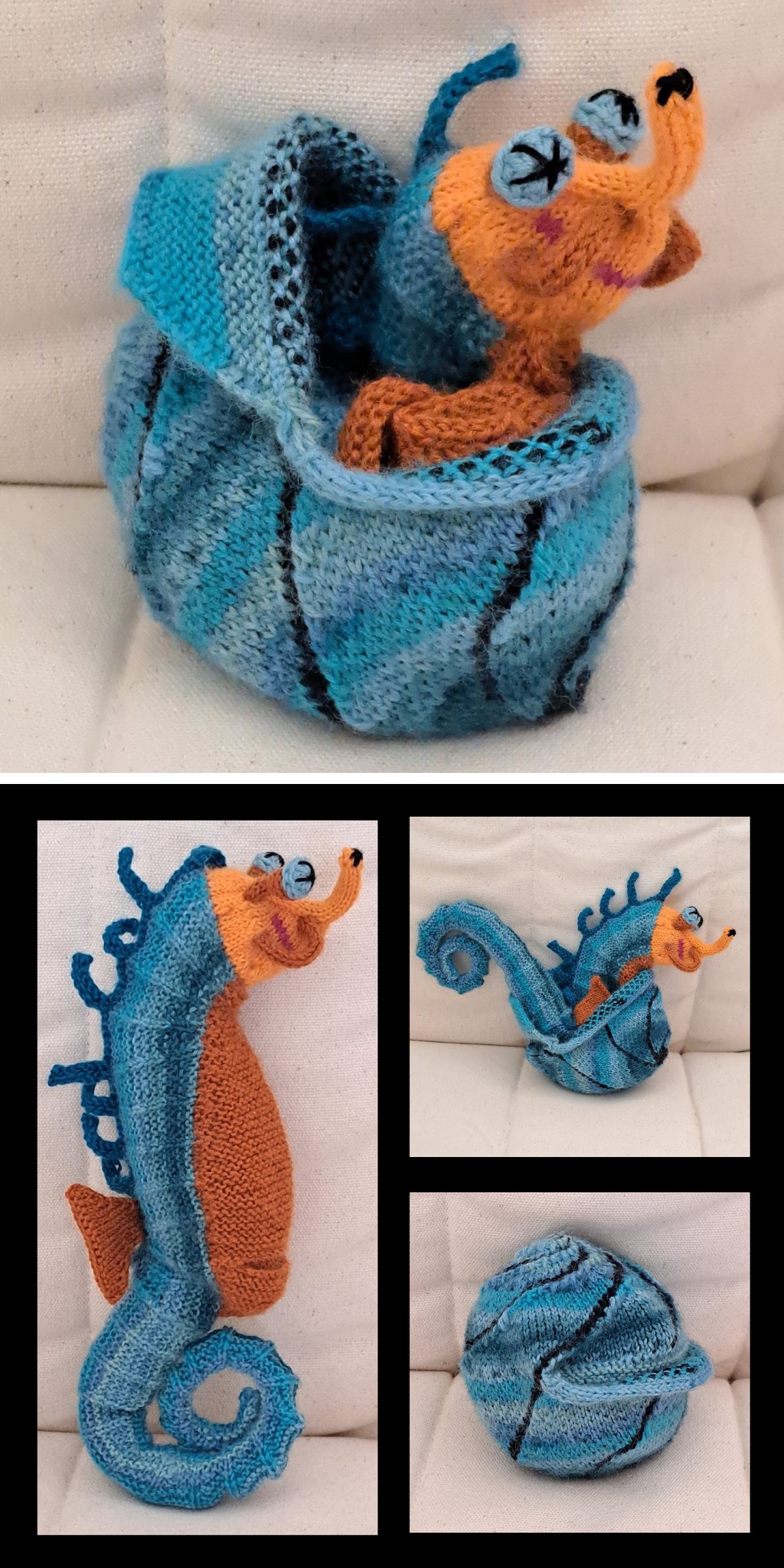A knitted blue and orange seahorse knit toy with a curled tail is shown from different angles, displayed on a cream-colored cushion.