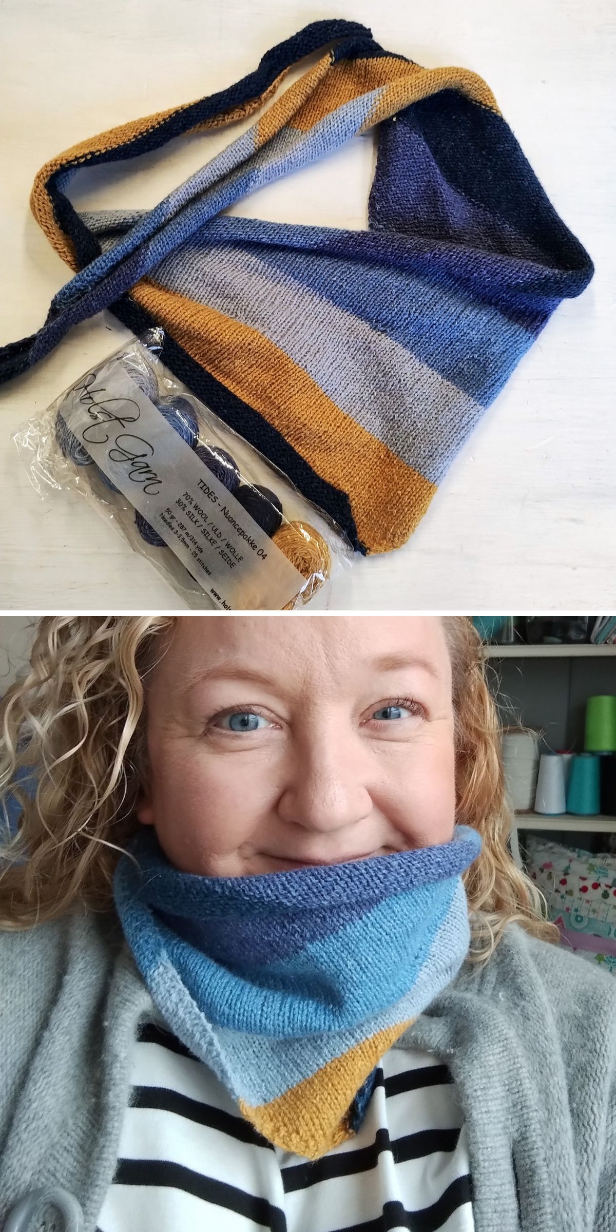 Color-block knit scarf in shades of blue and mustard, shown flat and worn as a cozy neck warmer.