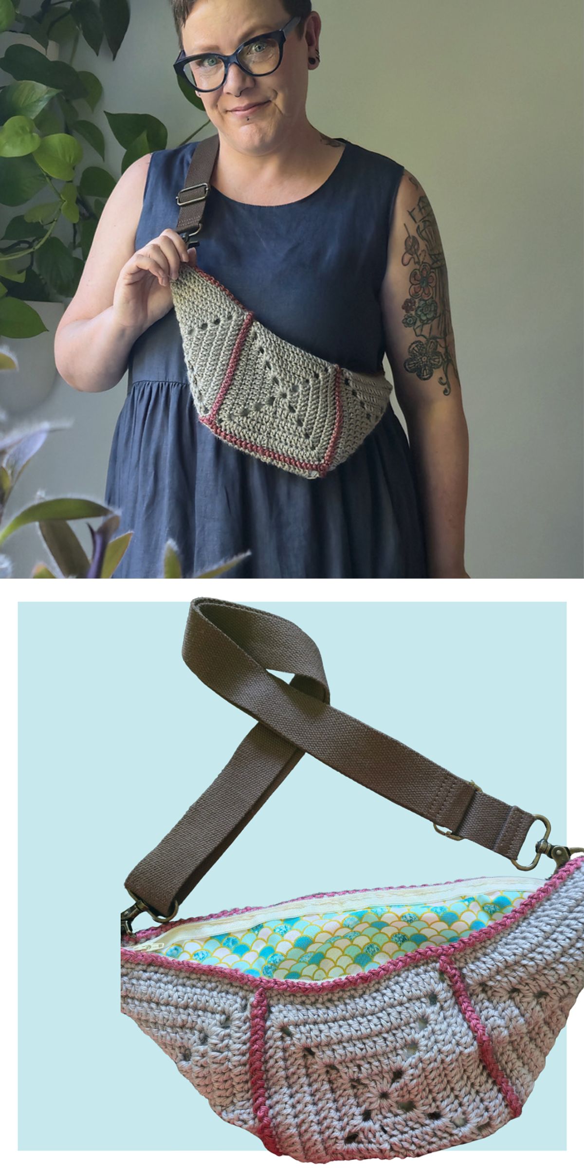 Person wearing a sleeveless blue dress and glasses, displaying a crochet crossbody bag. Close-up below shows details of the bag with a brown strap and colorful fabric lining.