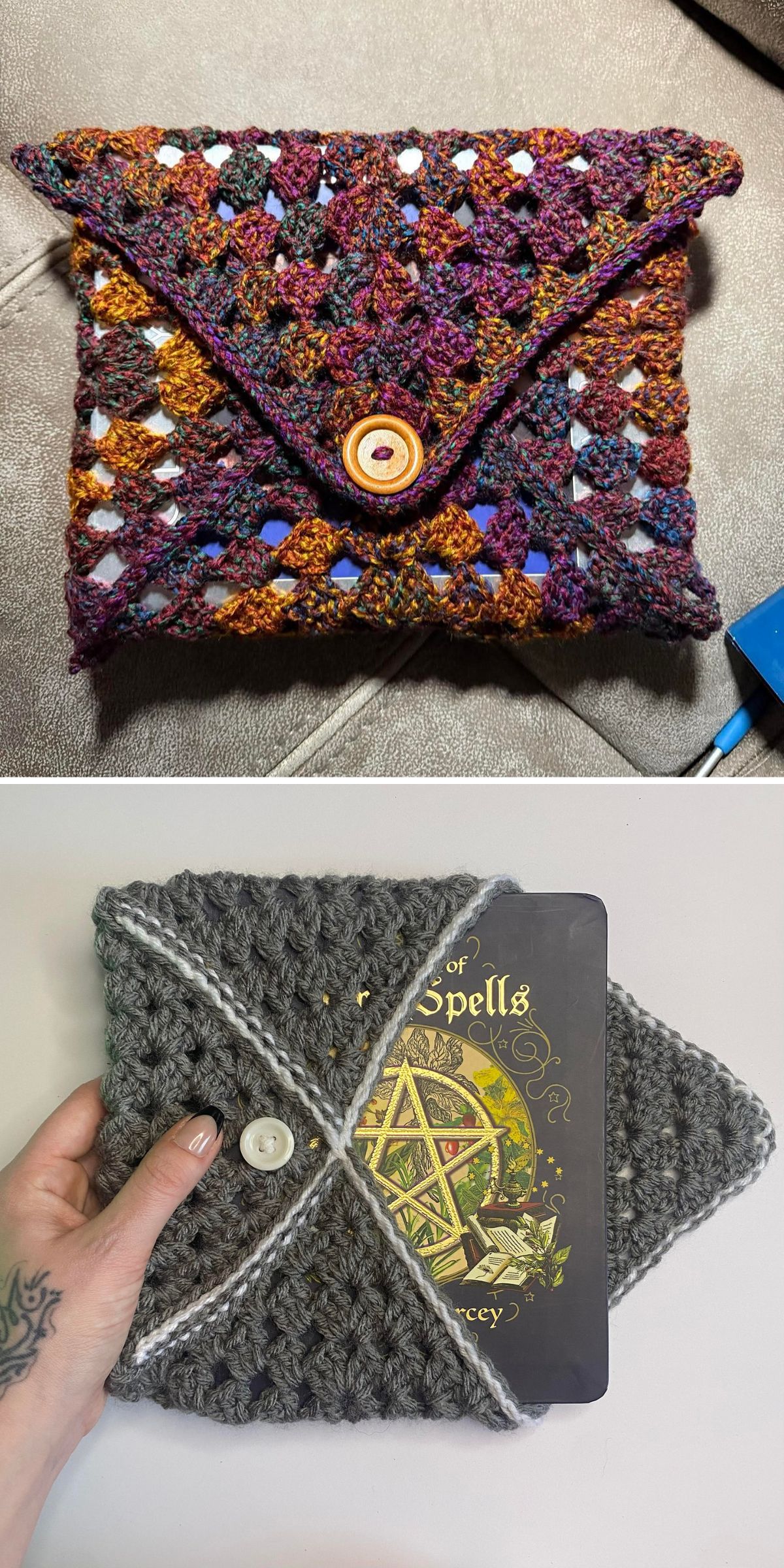 Two crocheted envelope-style pouches, perfect as a crochet cozy, one multicolored with a yellow button and one gray with a white button, each holding a book or tablet.