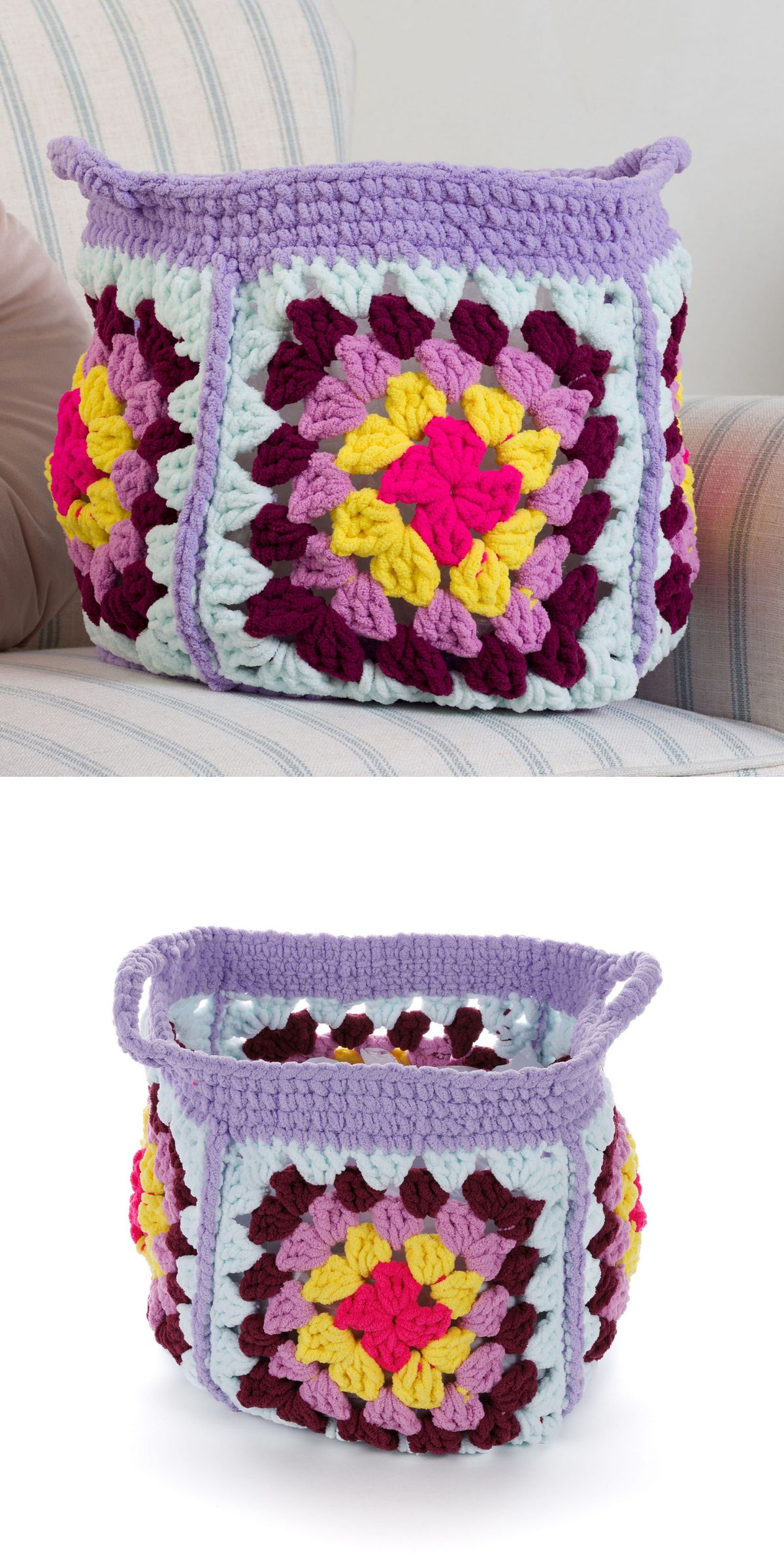 A crochet basket with a granny square pattern in purple, yellow, pink, and white yarn, shown on a striped armchair and against a white background.
