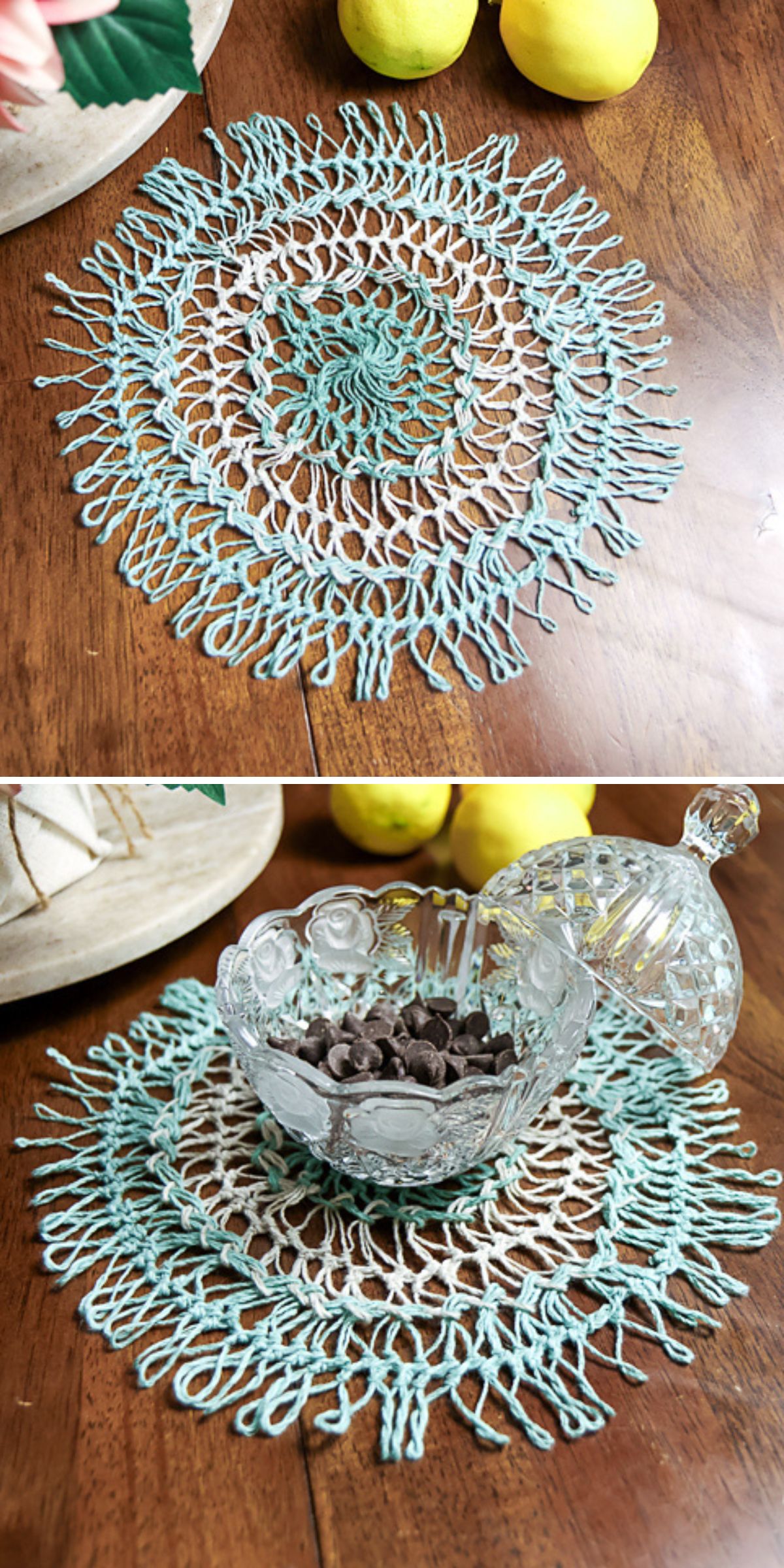 A light blue and beige crochet doily sits on a wooden table, shown alone and with a clear glass candy dish filled with chocolates placed on top. Lemons are visible in the background.