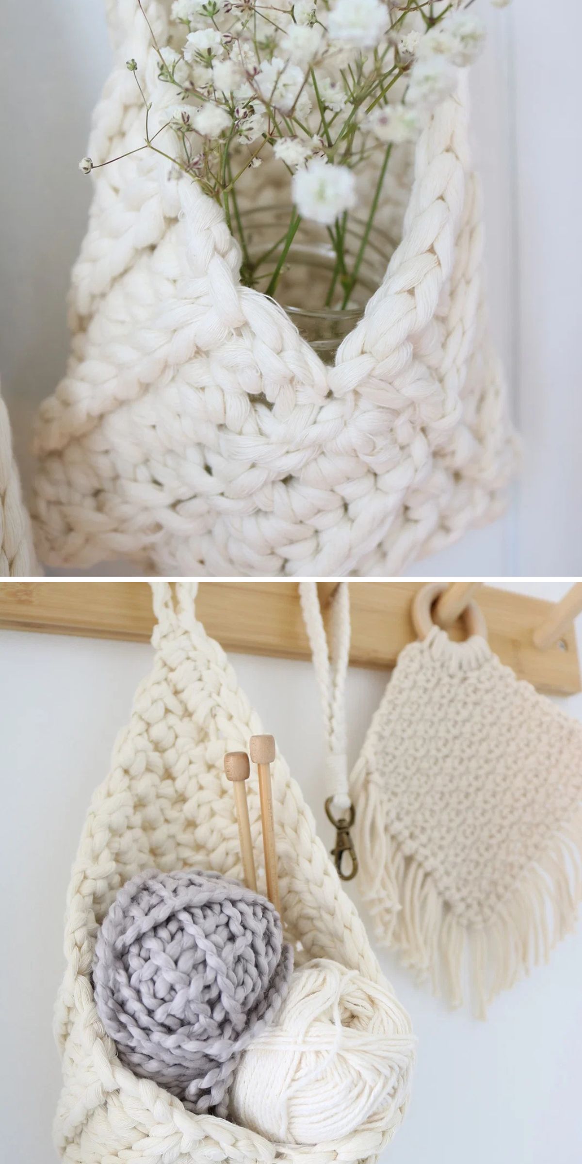 Two images of chunky, cream-colored crochet baskets: one holding flowers in a jar, the other storing yarn and knitting needles, both displayed on a wooden wall hook.