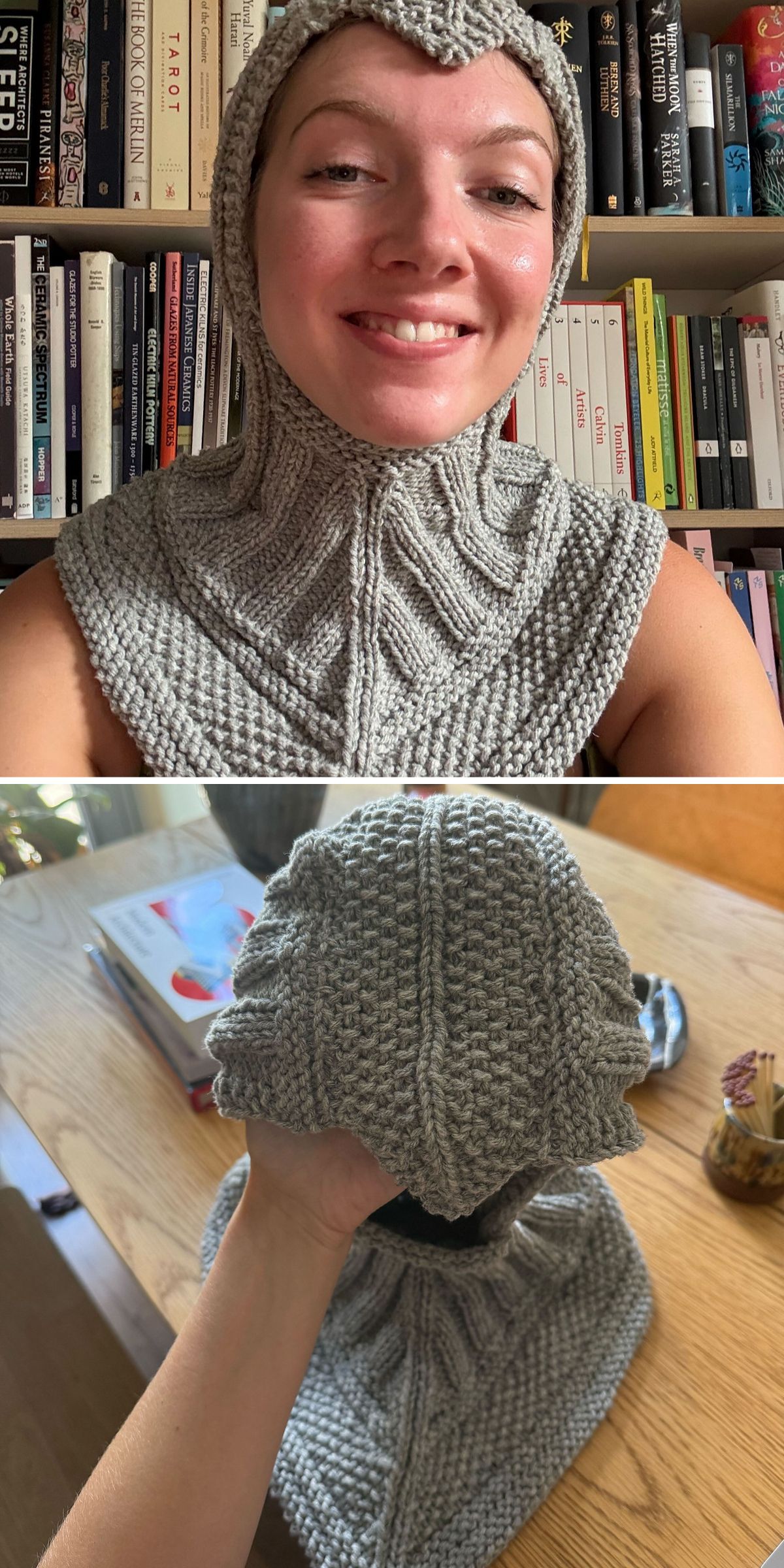 A person wears a cozy gray knitted hood, smiling in front of a bookshelf; the second image displays the hooded cowl off their head, held up to show its unique shape.
