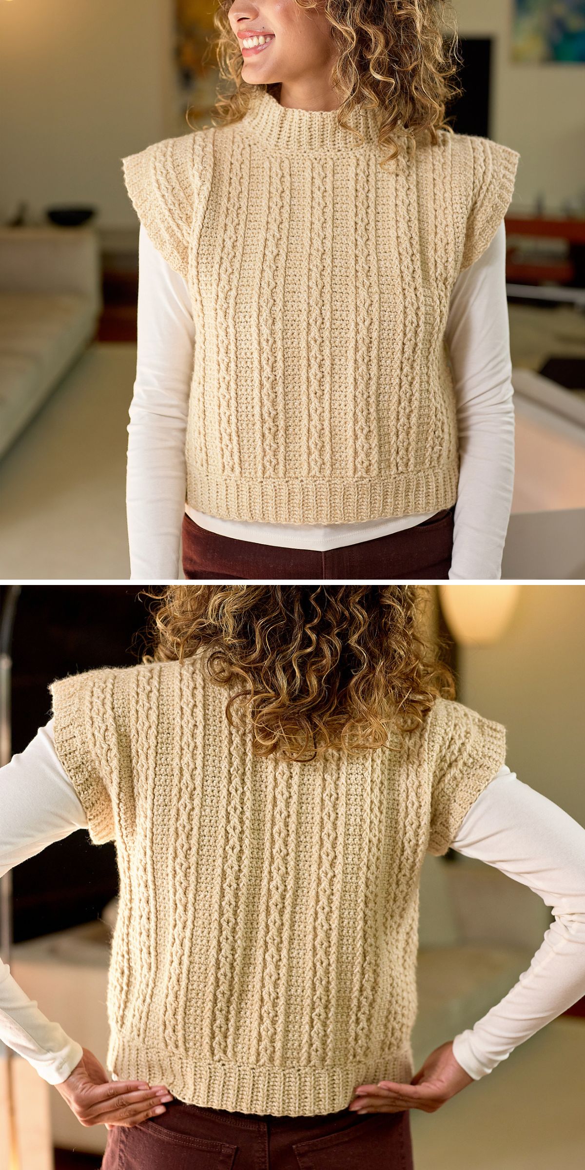 A woman wears a cream-colored, textured crochet vest over a white long-sleeve shirt; front and back views are shown.