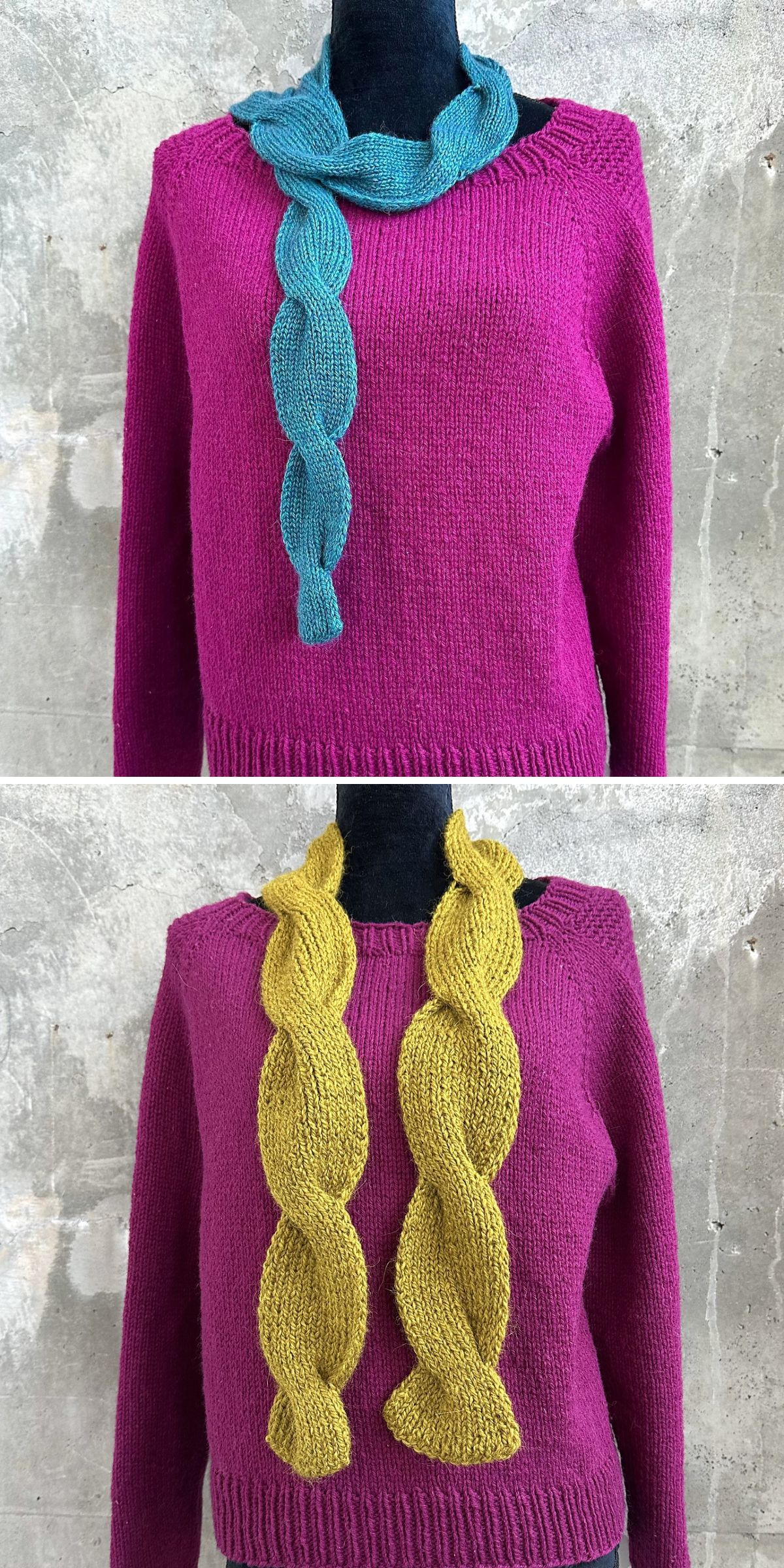 Unique knit cable scarf with oversized braided sections in teal and olive green, displayed on a sweater mannequin.