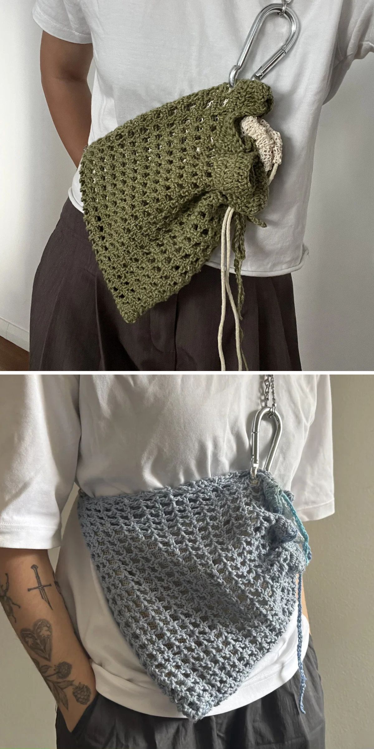 Two photos show a person wearing a crochet crossbody bag — one green and one blue mesh style — each clipped to a large carabiner and worn crossbody over a white t-shirt.