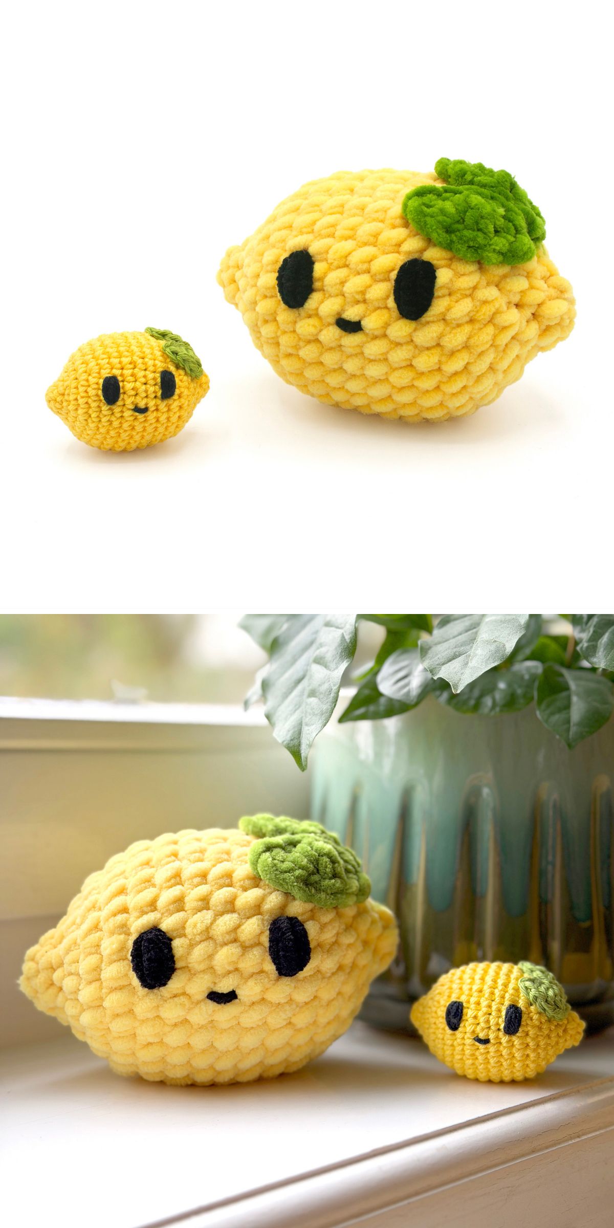 Two crochet lemon plushies with black eyes and smiling mouths, one large and one small, sit together; both have green leaves attached on top.