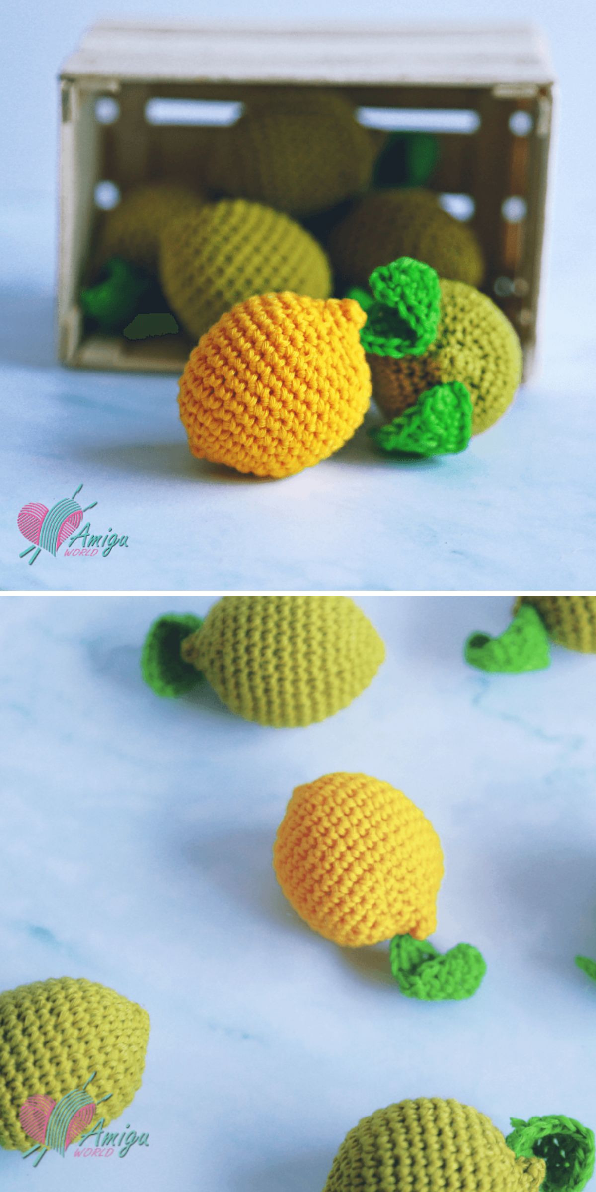 A wooden crate with crochet lemons and limes spilling out onto a white surface, featuring green leaves attached to each vibrant fruit.