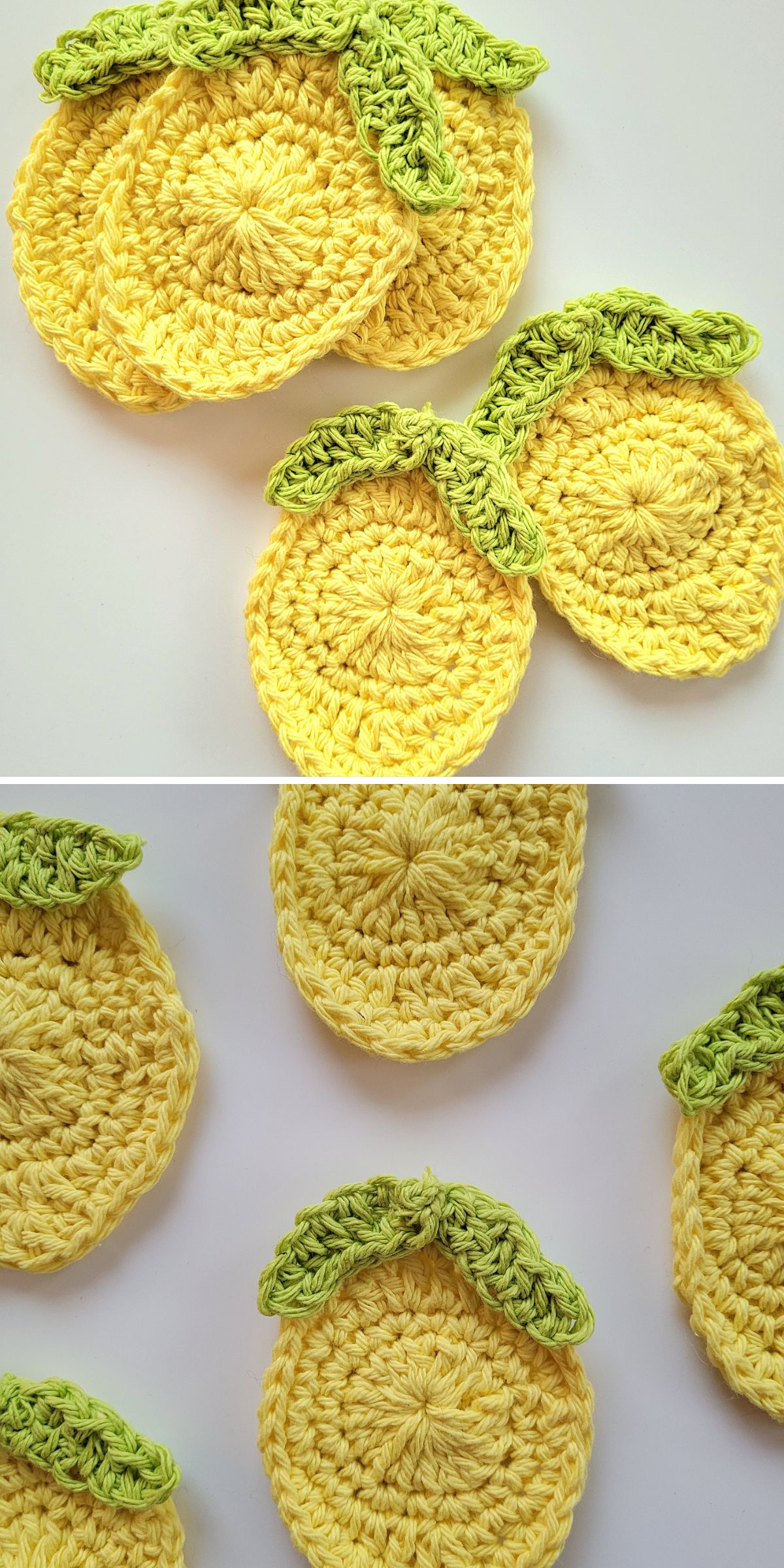 Crochet lemon coasters in bright yellow with green leaves are displayed on a white surface in two different arrangements.