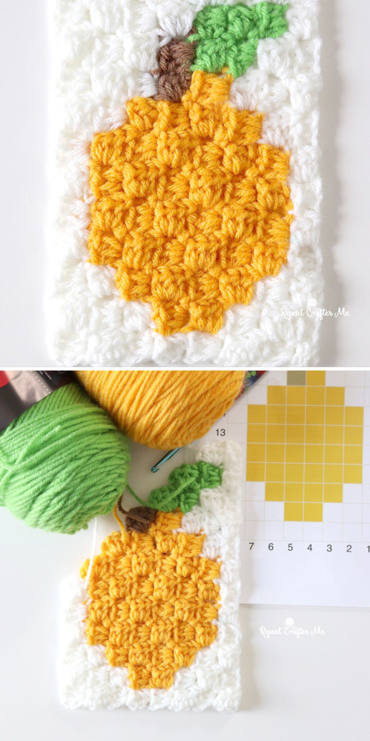 Two images showing a crochet square with a yellow pumpkin design, yarn balls, and a yellow grid pattern chart for reference — perfect inspiration if you’re also looking to try a crochet lemon or other charming fruit motifs.
