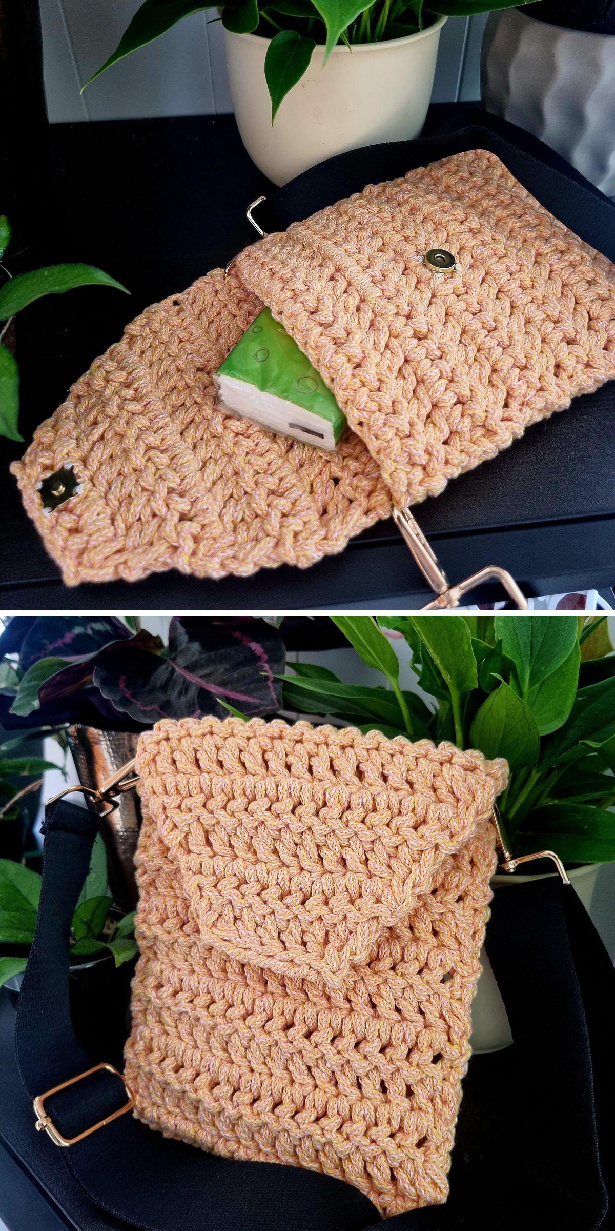 Two images of a beige, hand-crocheted crossbody bag with a flap and magnetic snap closure are shown—one open with a green notebook inside, the other closed with a black strap. Plants accent the background for this stylish crochet crossbody bag.