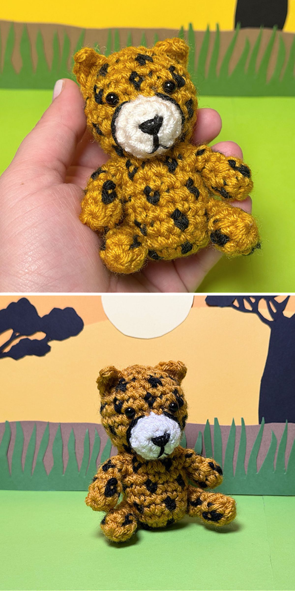 A small, crochet animal cheetah with yellow and black spots is shown being held in a hand, sitting upright against a colorful, illustrated background with grass and trees.
