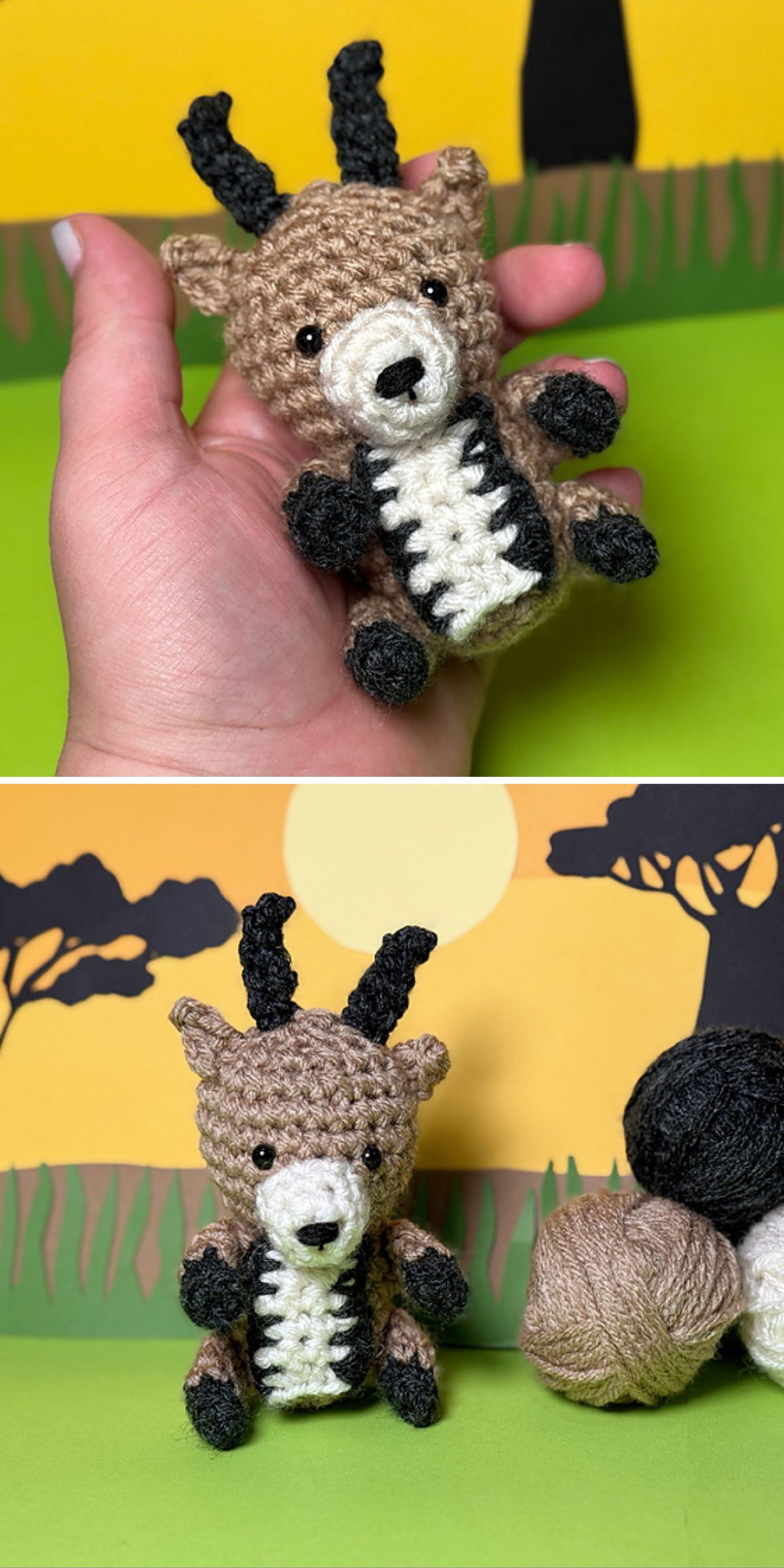 Two images show a small crochet animal antelope with black horns, held in a hand in the first image and sitting with yarn balls and a savanna-themed background in the second.