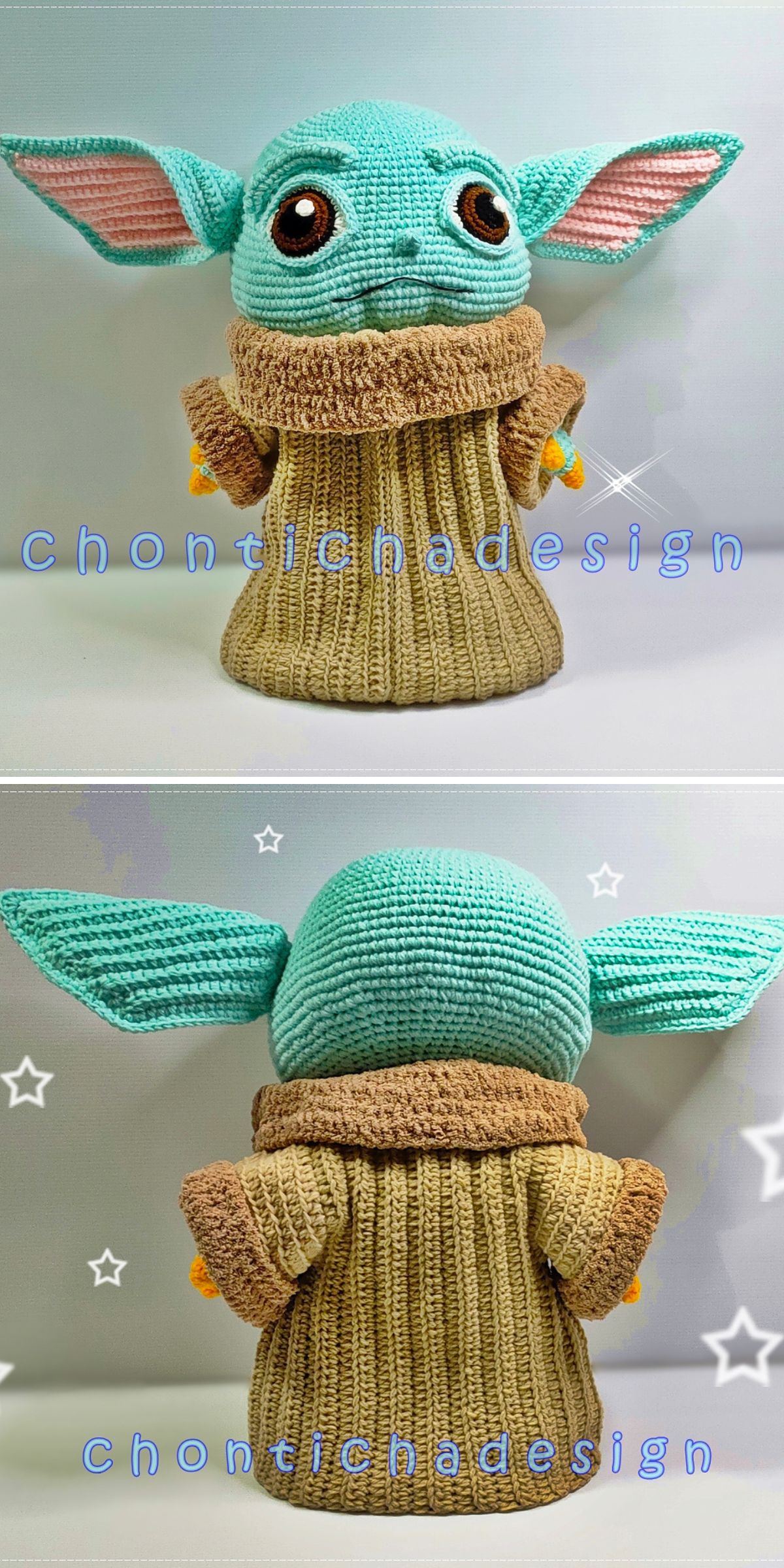 Crocheted baby alien amigurumi doll resembling a green creature with large ears, brown eyes, and a tan robe, shown from the front and back against a light background.