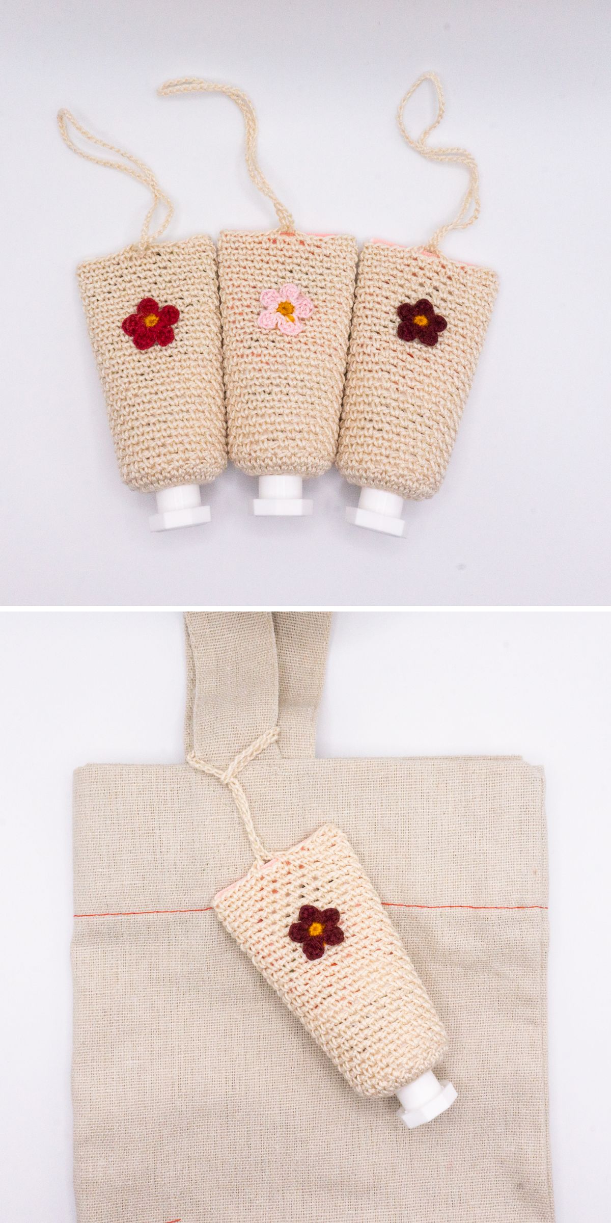 Two images show beige crochet covers with flower designs on travel bottles; one image displays three covers side by side, the other shows a crochet cover attached to a tote bag handle — great inspiration for free crochet cozy patterns.