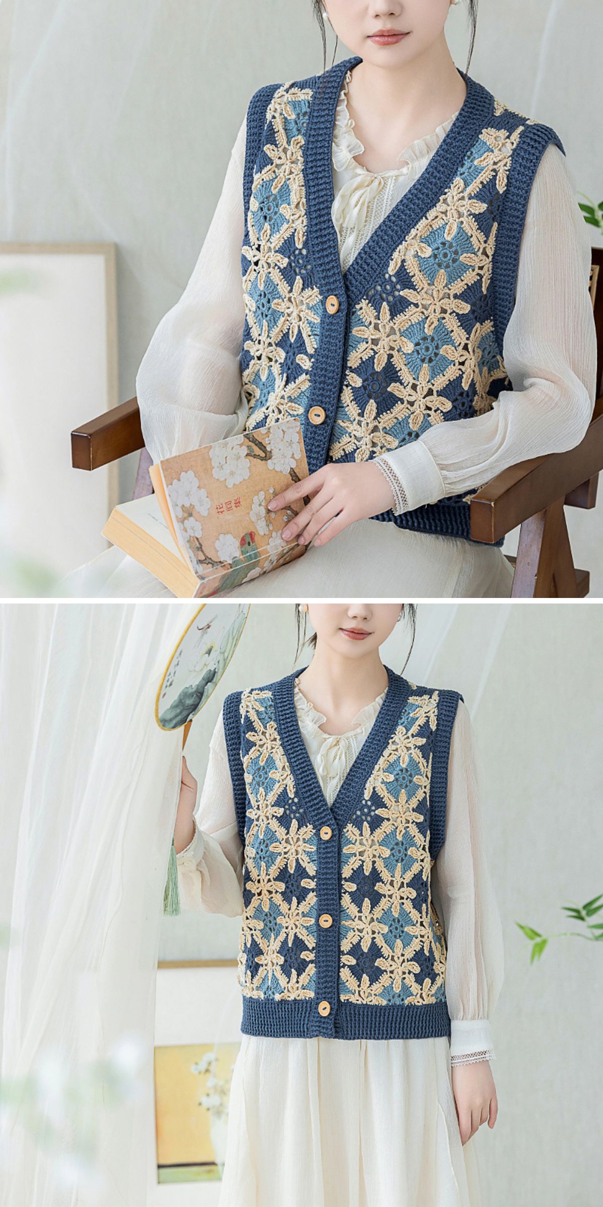 A woman in a white dress and blue crochet vest sits on a chair and stands, holding an embroidered bag and an open book.