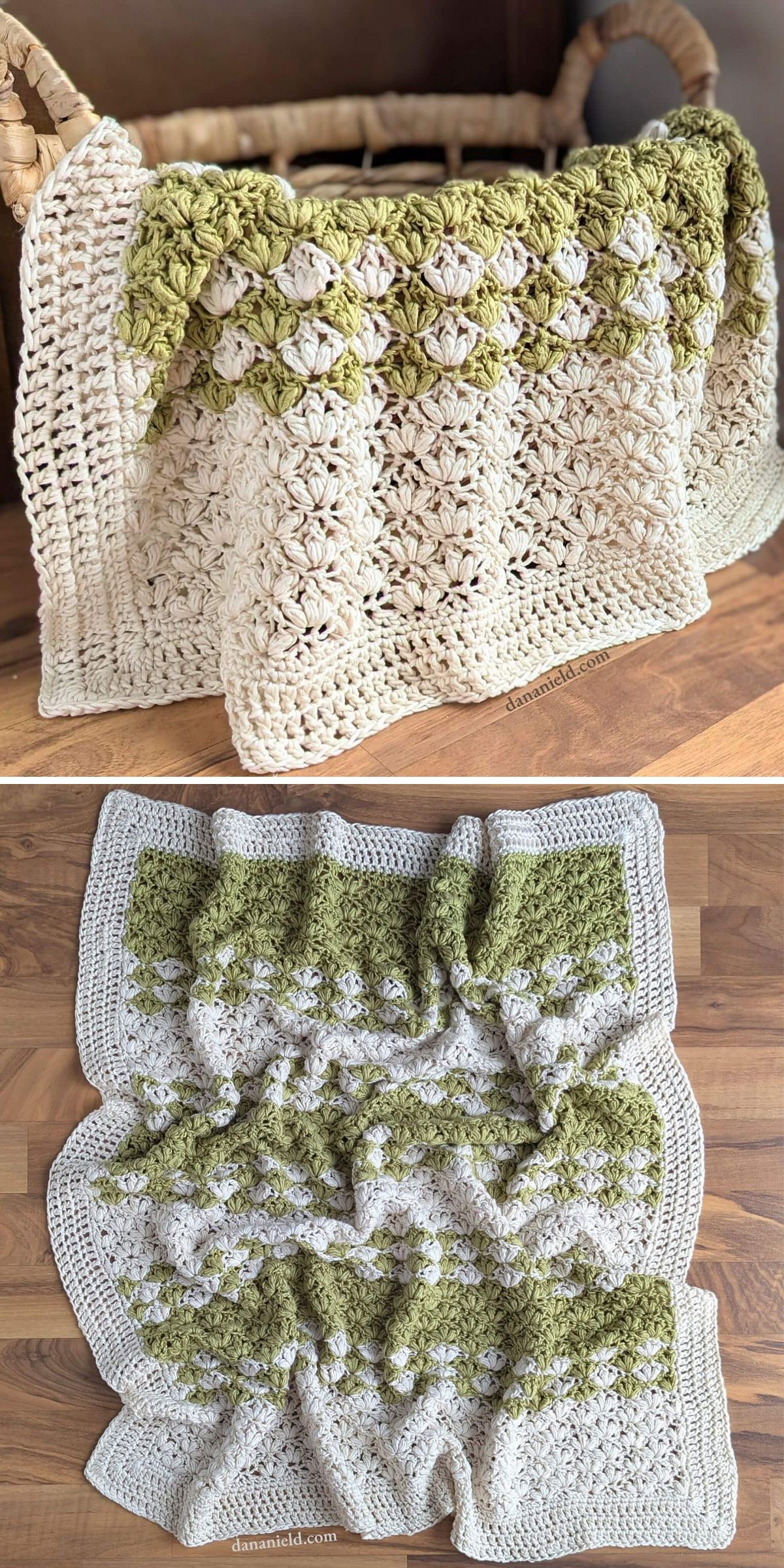 A crochet flower blanket in cream and green tones is draped over a basket and displayed flat on a wooden floor, featuring a textured, geometric pattern.