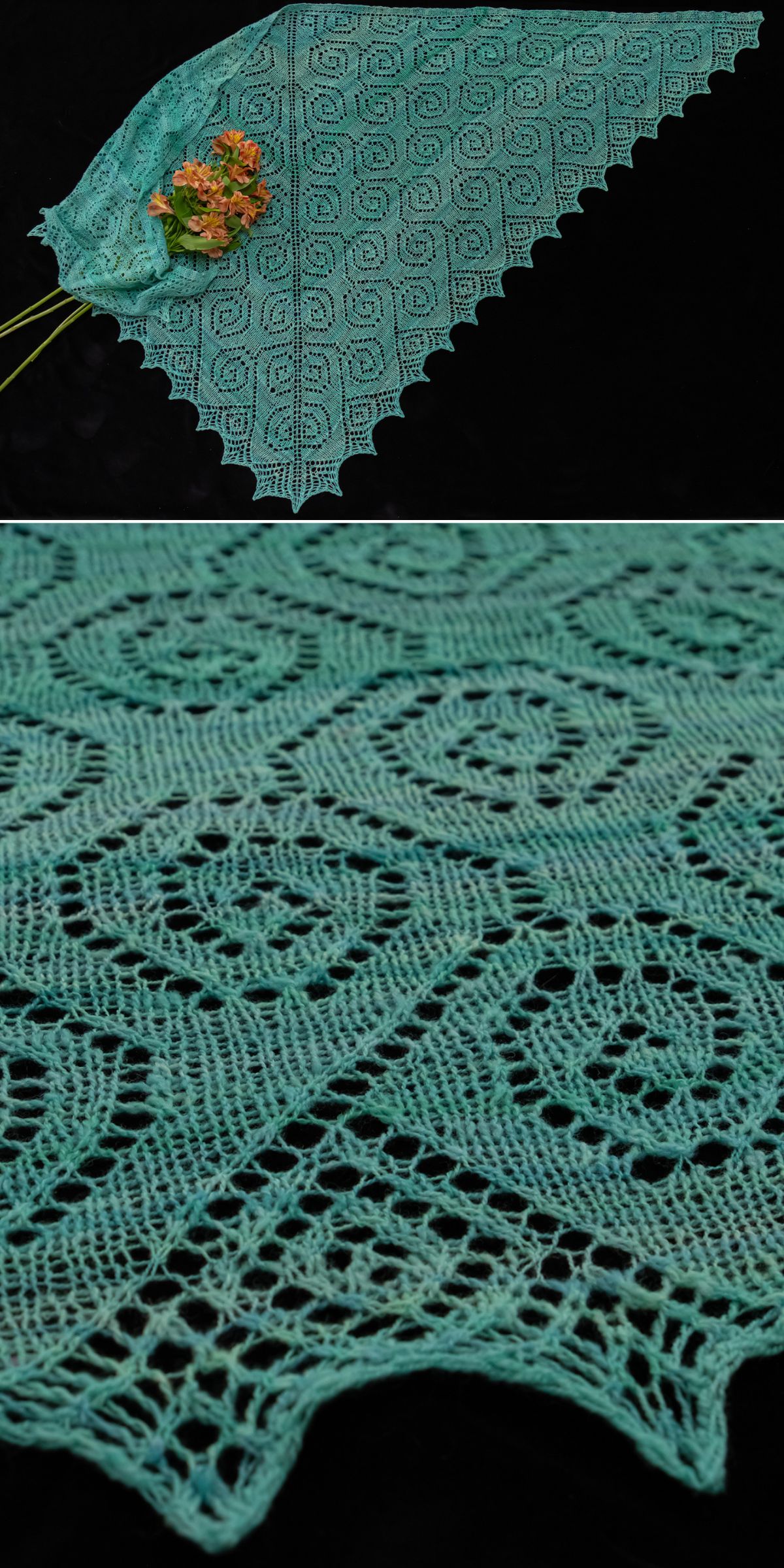 A teal knit shawl with an intricate diamond and swirl lace pattern, displayed flat and in close-up against a black background.