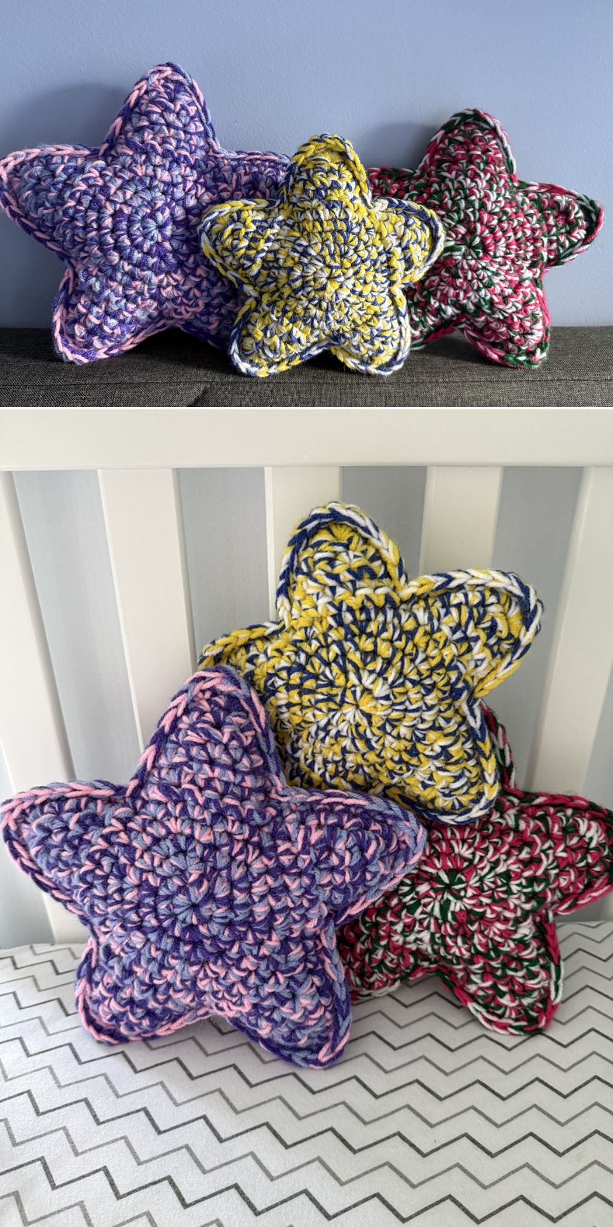 Three star-shaped, multicolored crochet pillows are displayed against a blue wall in the first photo and a white background in the second photo.