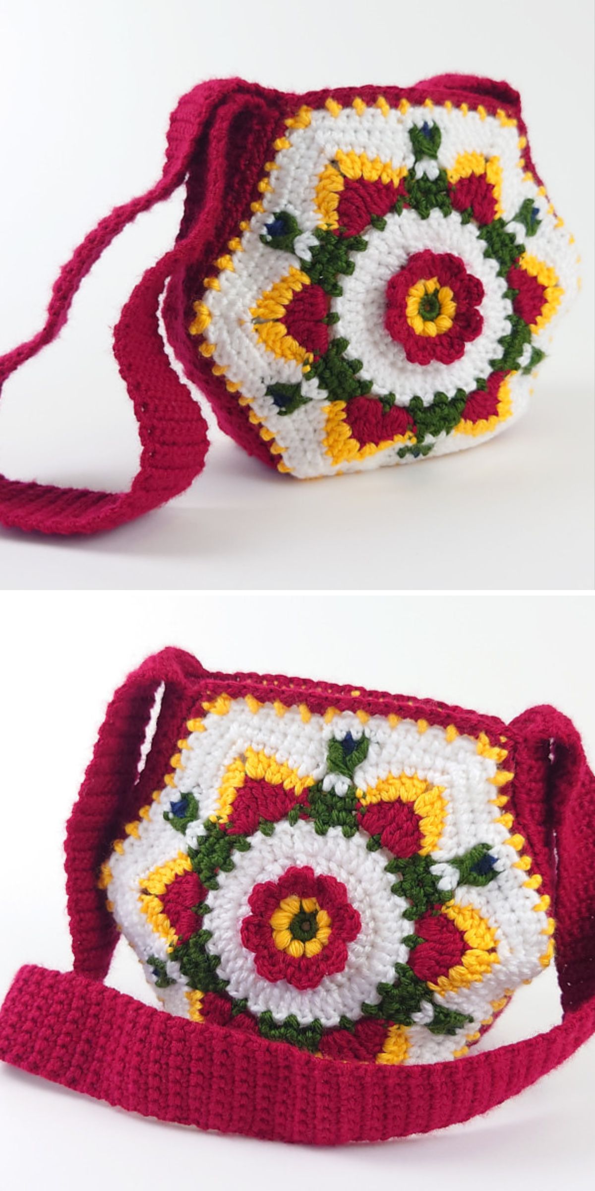 A hexagonal crochet bag with a floral pattern in red, yellow, green, and white, featuring a wide red strap.